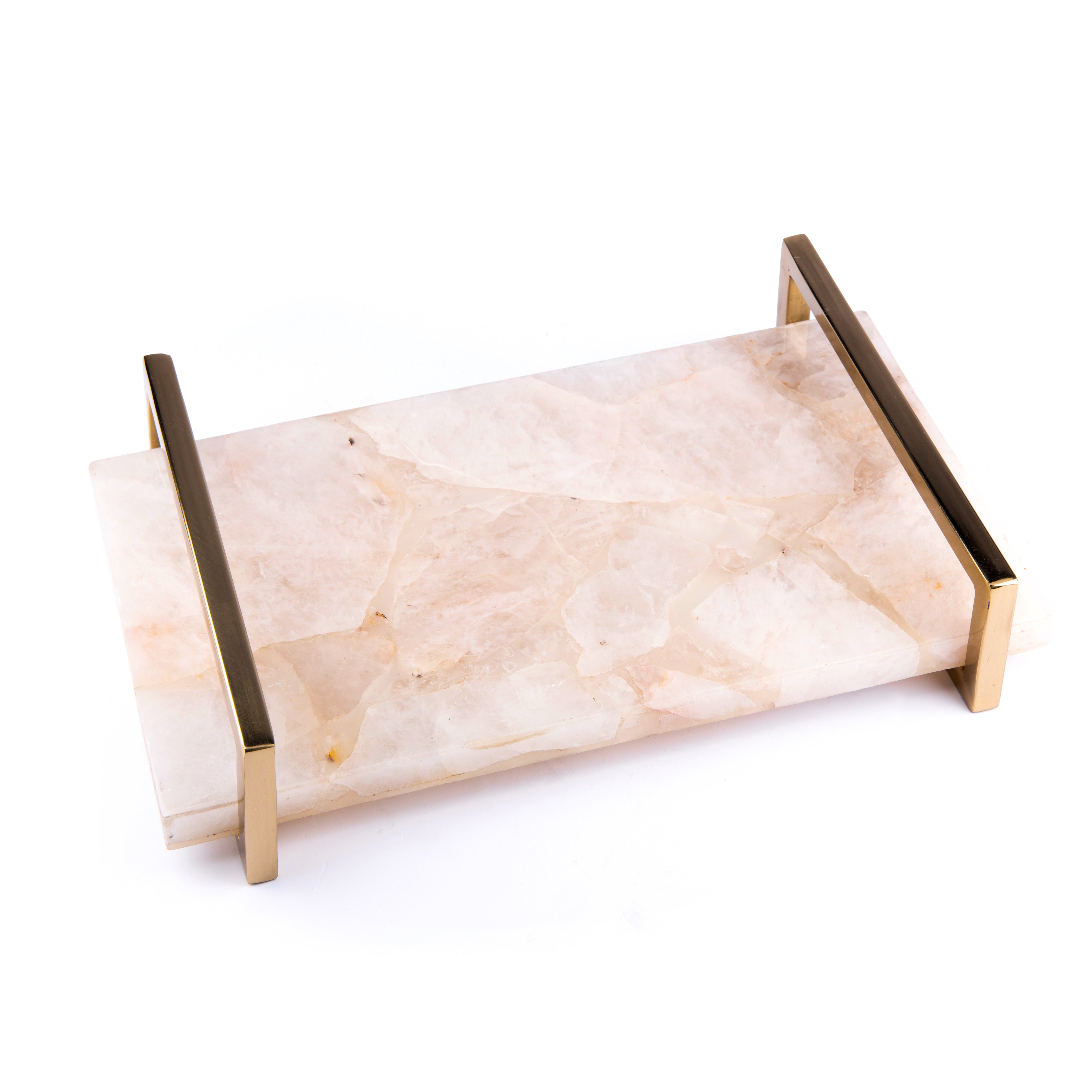 Two's Company. White Quartz Decorative Tray with Stainless Steel Handles. Large Size