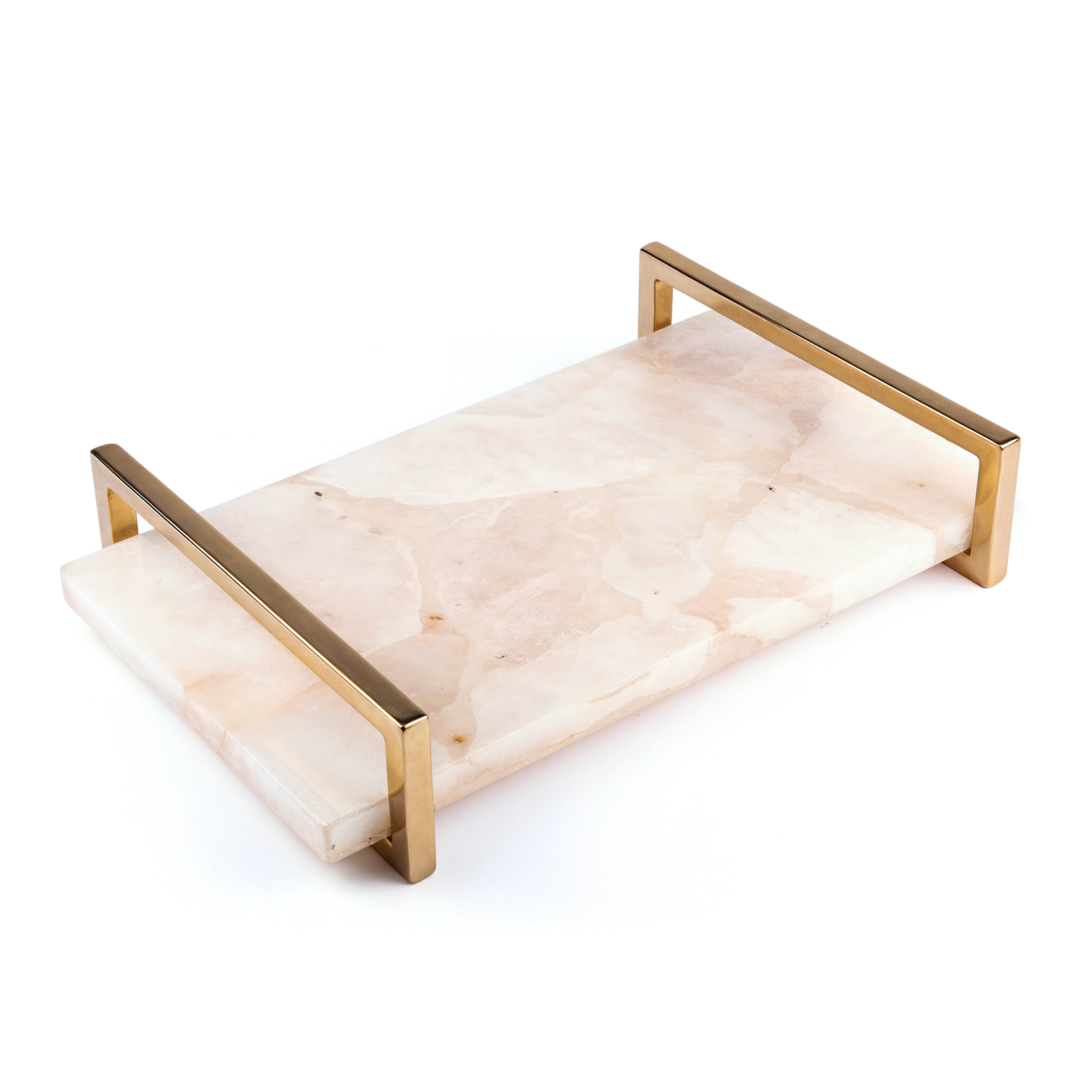 Two's Company. White Quartz Decorative Tray with Stainless Steel Handles. Large Size