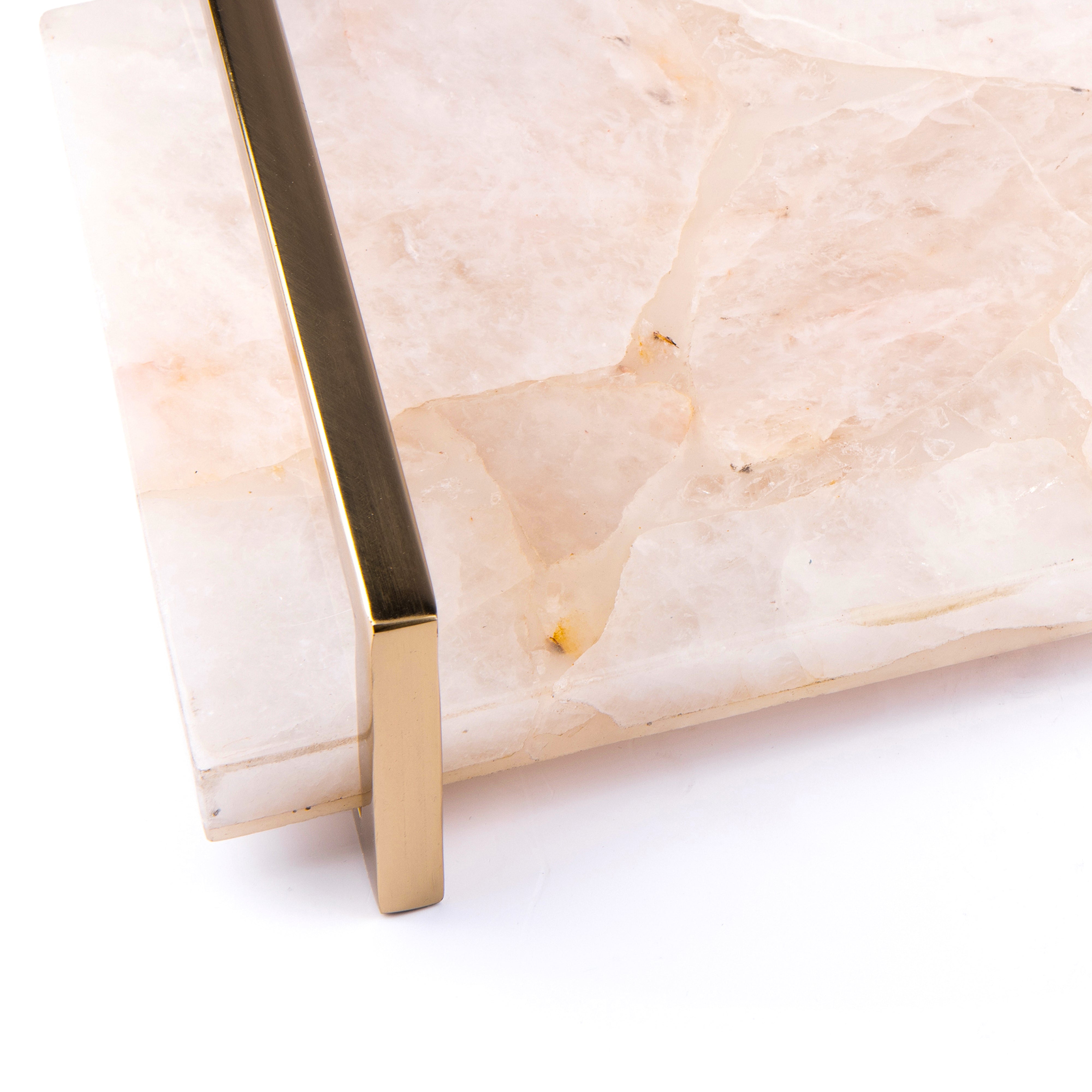 Two's Company. White Quartz Decorative Tray with Stainless Steel Handles. Large Size