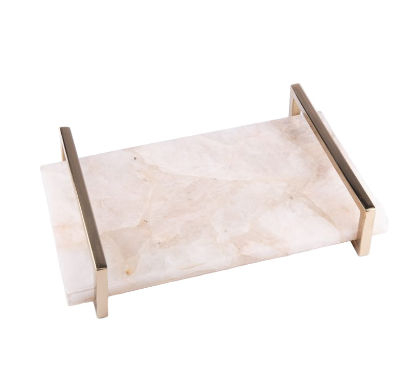 Two's Company. White Quartz Decorative Tray with Stainless Steel Handles. Large Size