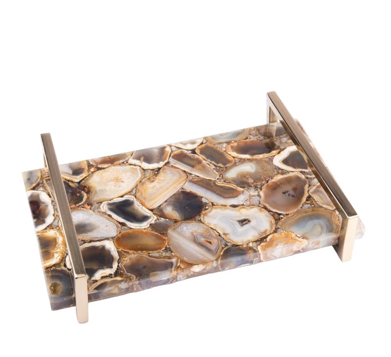 Two's Company. Brown Agate Decorative Tray with Stainless Steel Handles. Large Size