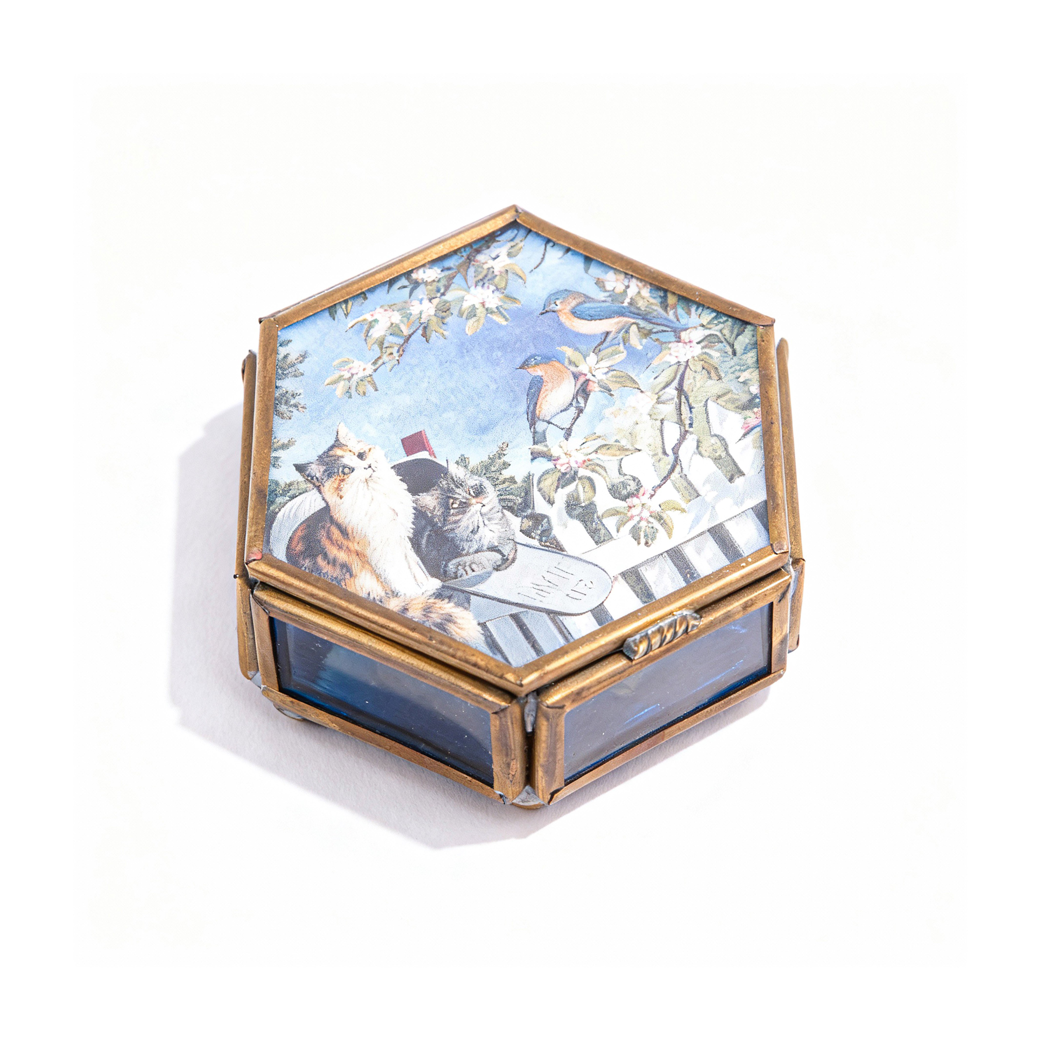 Idée Art Exclusive. Glass Souvenir Box with Cats Illustration.