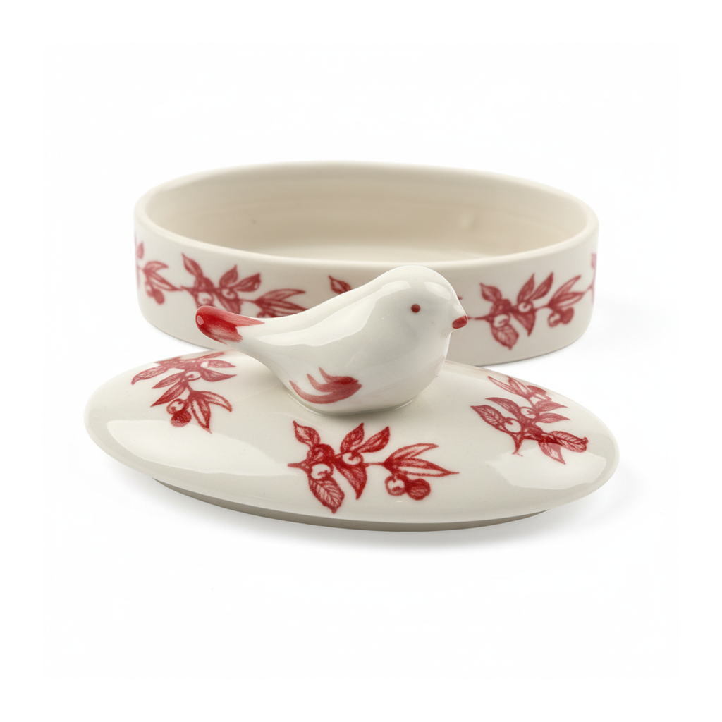 Idée Art Exclusive. Oval Porcelain Box with Bird Design. Small Size