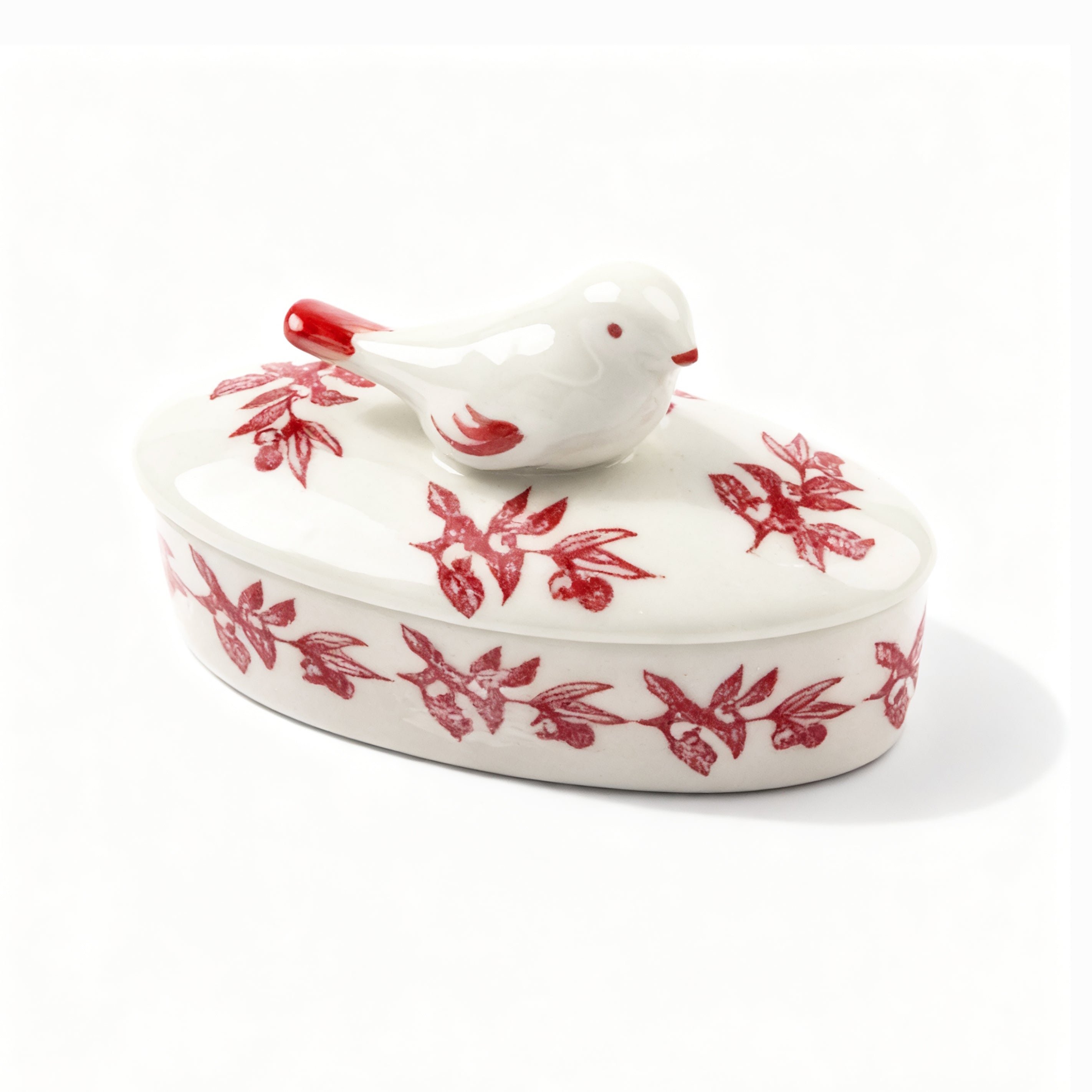 Idée Art Exclusive. Oval Porcelain Box with Bird Design. Small Size