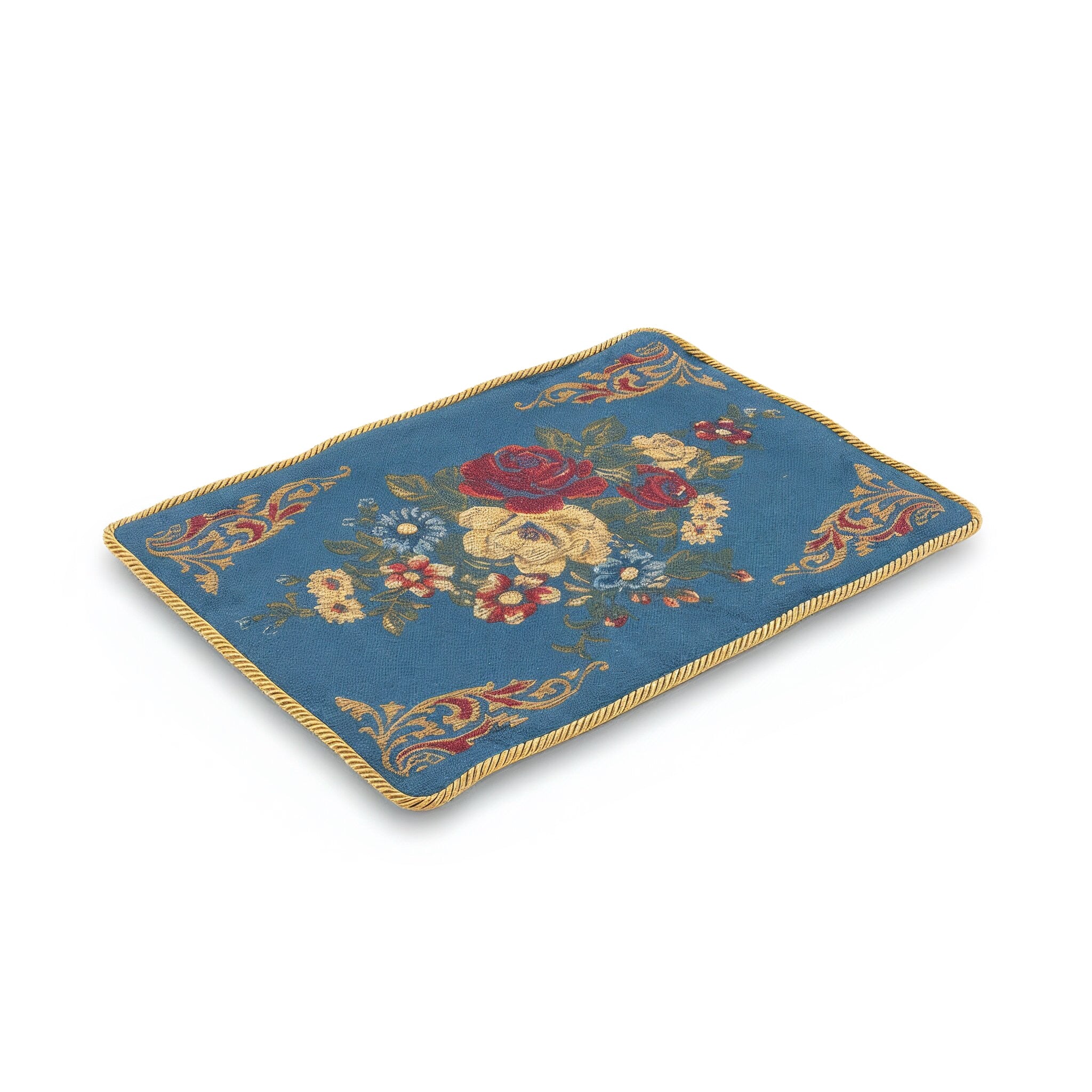 Idée Art Exclusive. Rectangular Blue Cushion with Floral Motif. Large Size