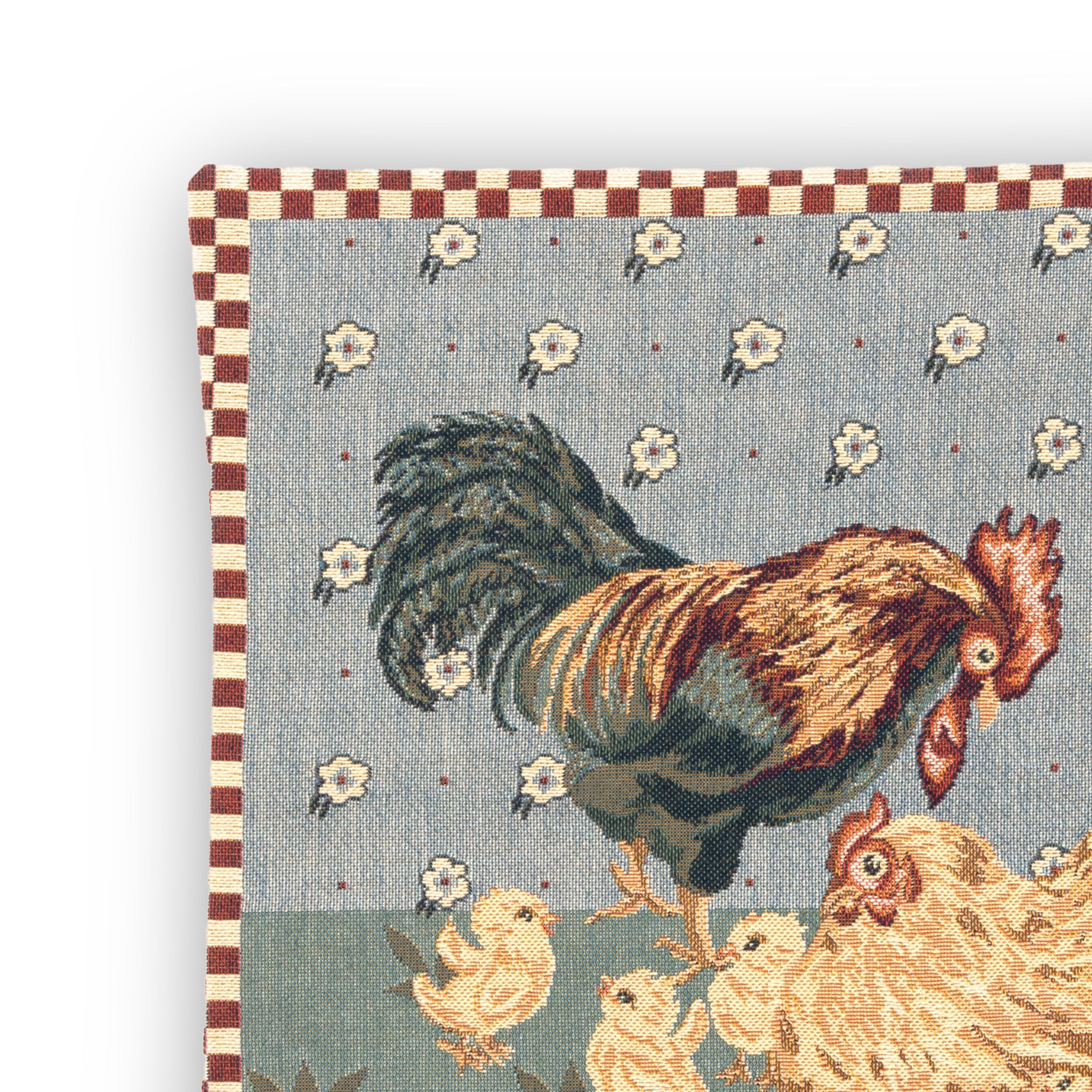 Idée Art Exclusive. Square Cushion With Rooster, Hen, and Chicks Motif. Medium Size