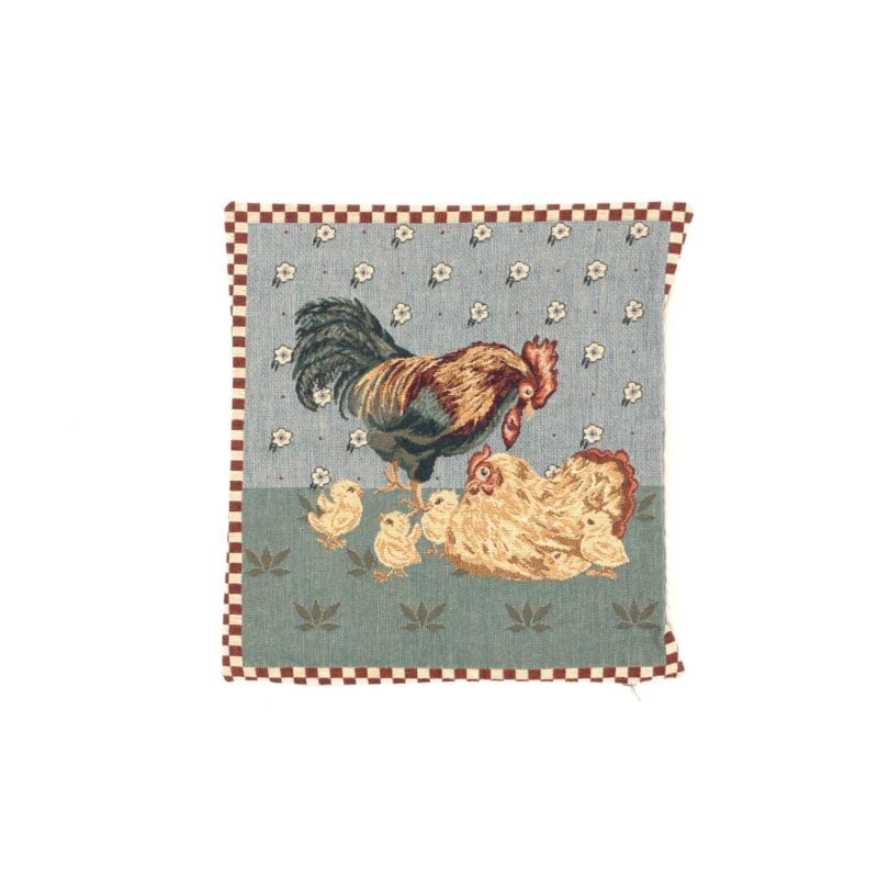 Idée Art Exclusive. Square Cushion With Rooster, Hen, and Chicks Motif. Medium Size