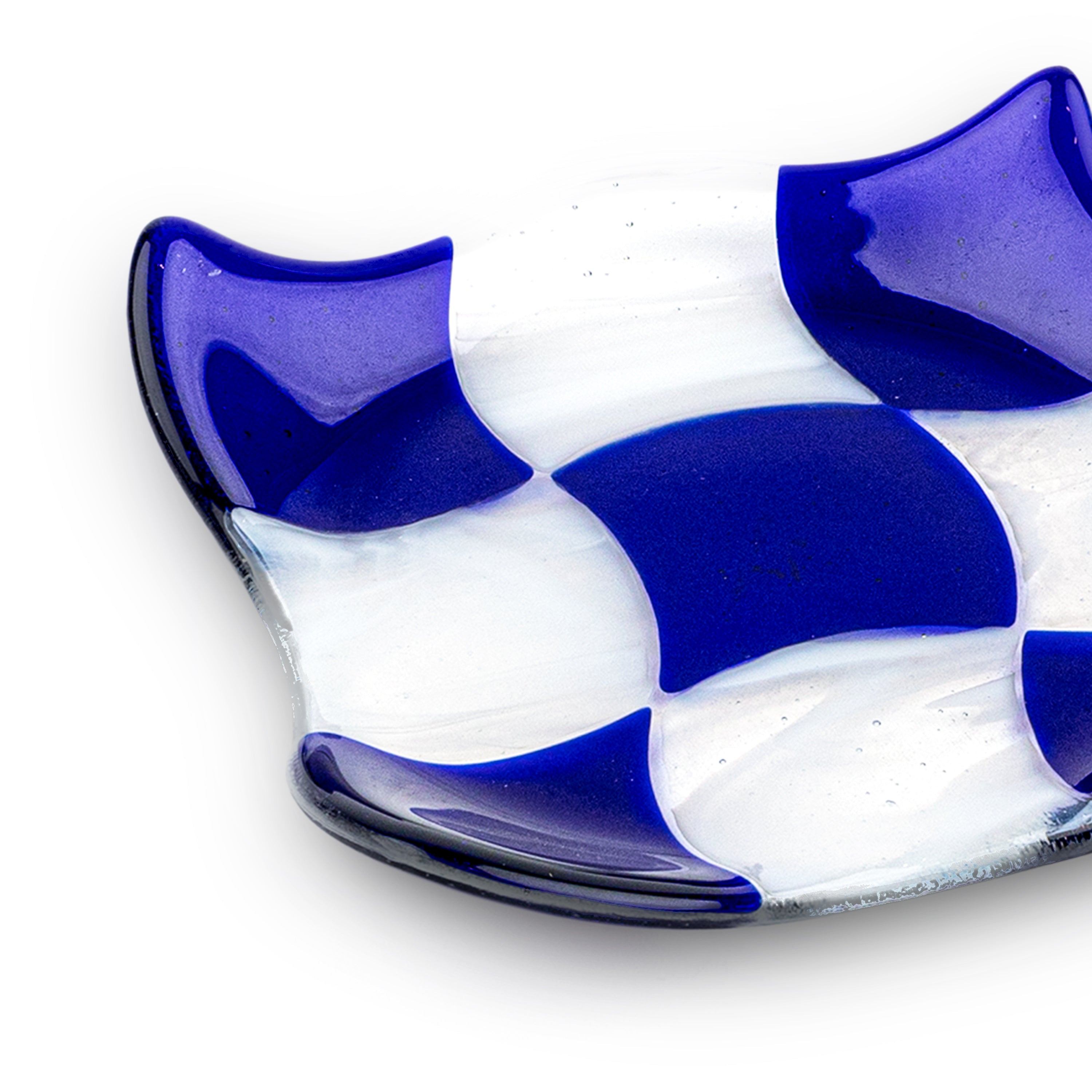 Idée Art Exclusive. Glass Decorative Plate with White & Blue Checkerboard Pattern. Small Size