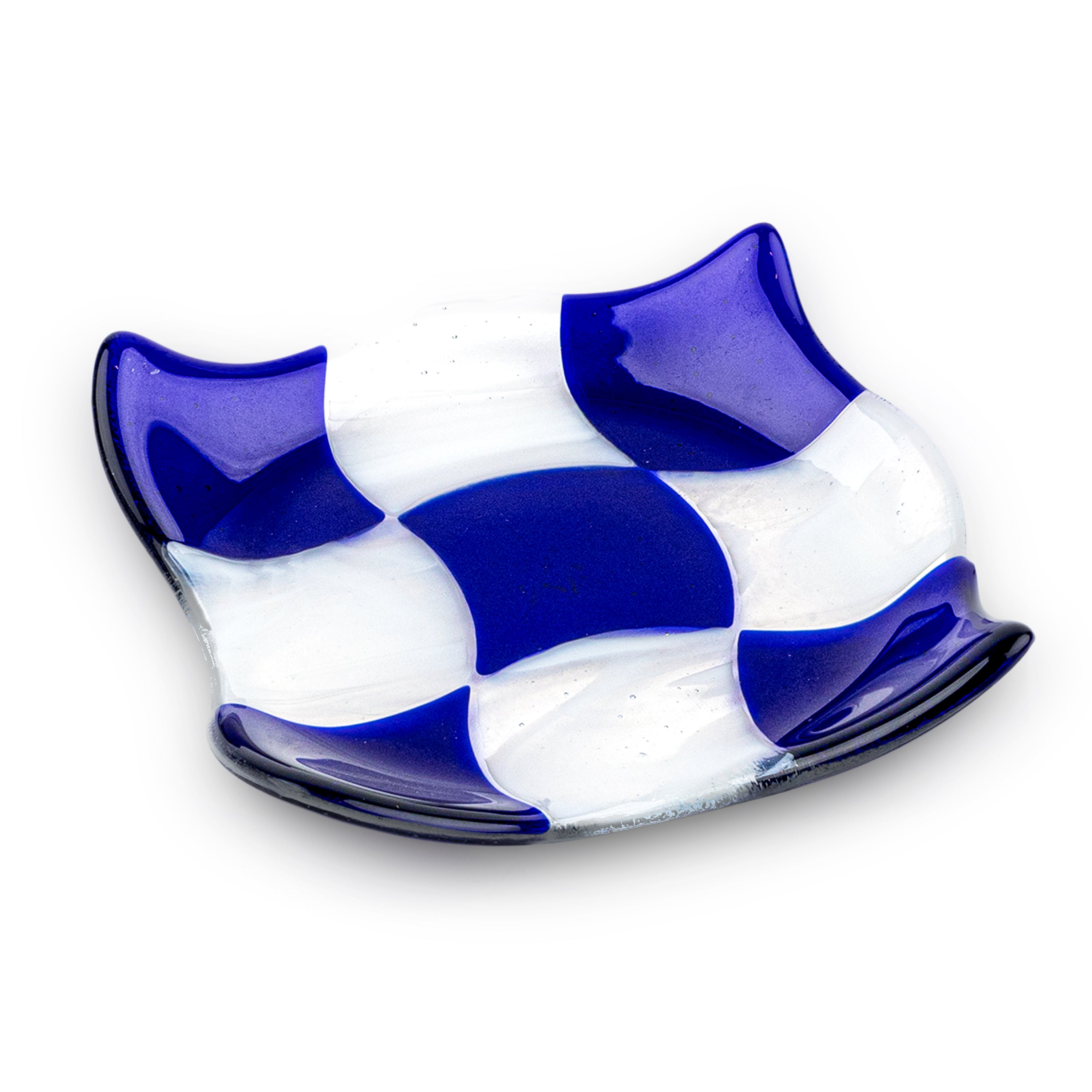 Idée Art Exclusive. Glass Decorative Plate with White & Blue Checkerboard Pattern. Small Size