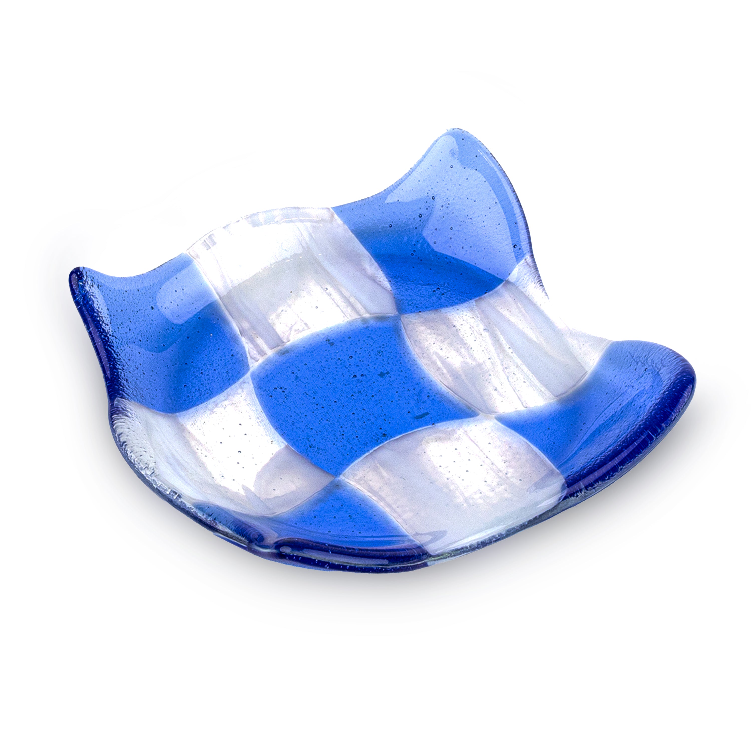 Idée Art Exclusive. Glass Decorative Plate with White & Light Blue Checkerboard Pattern. Small Size