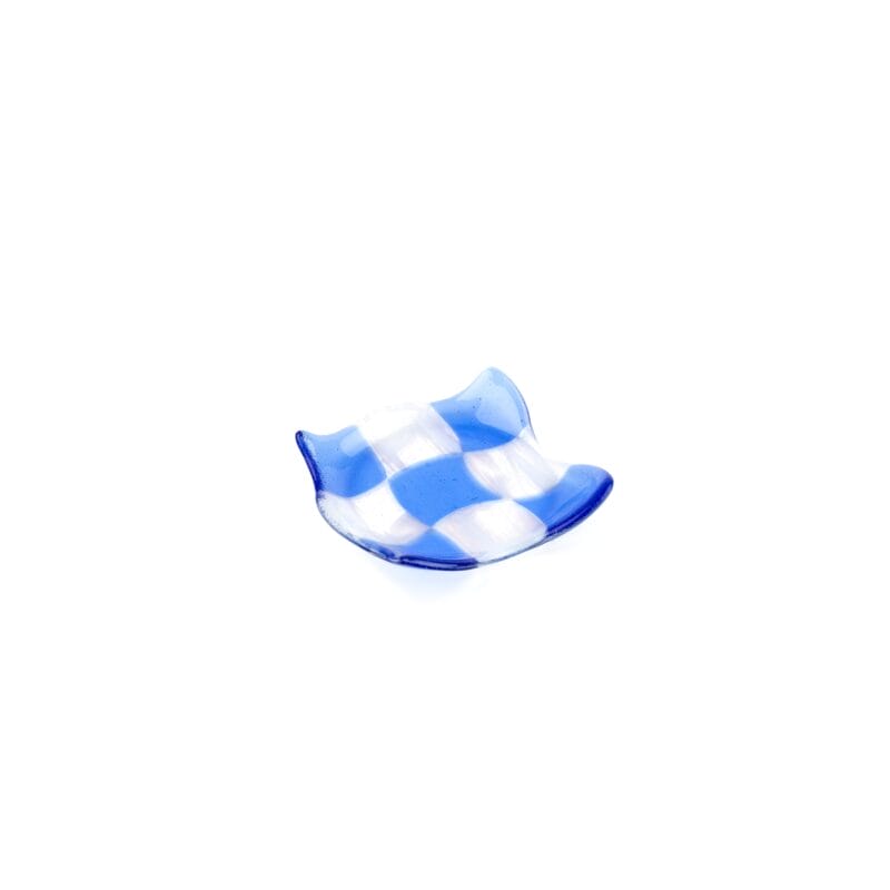 Idée Art Exclusive. Glass Decorative Plate with White & Light Blue Checkerboard Pattern. Small Size
