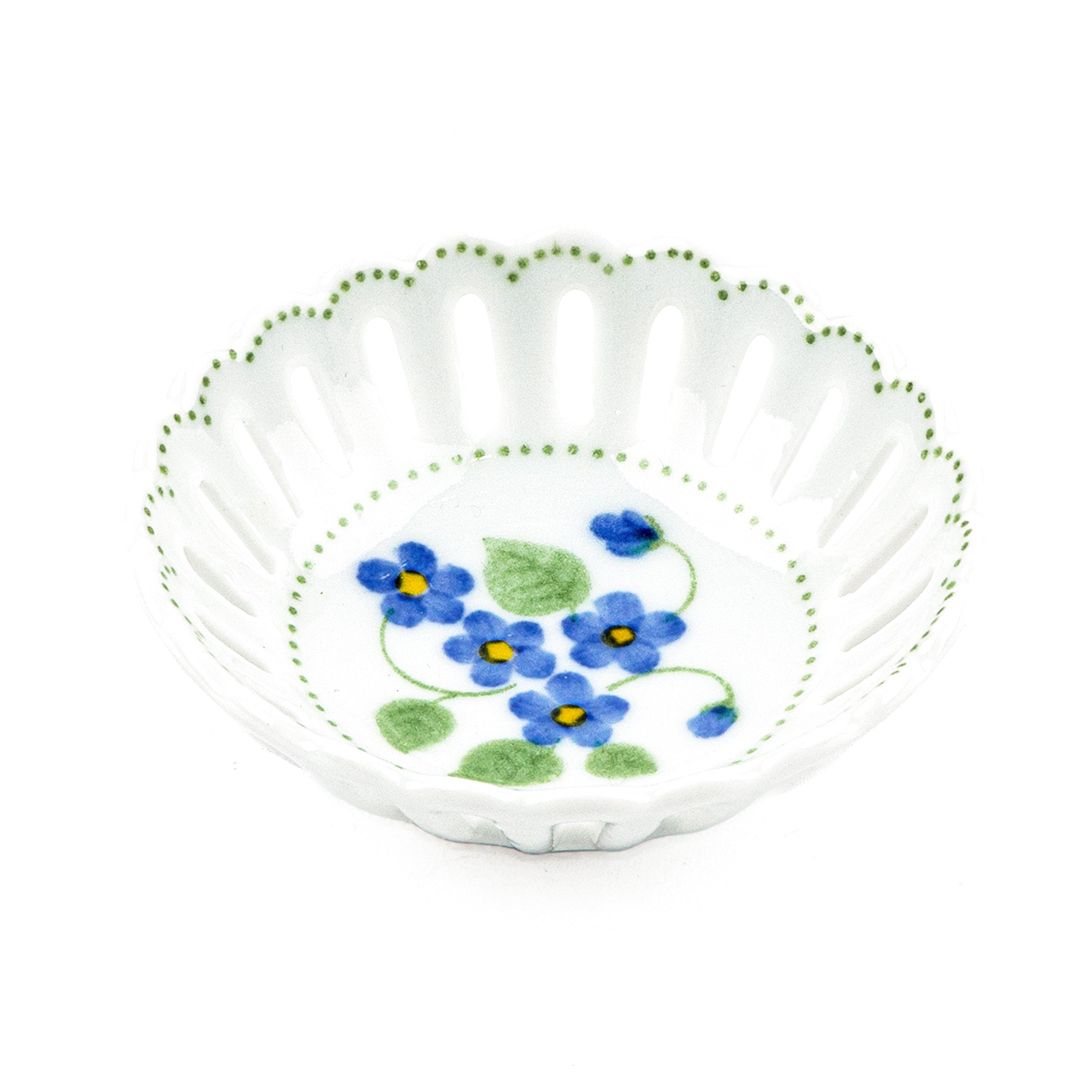 Idée Art Exclusive. Round Porcelain Decorative Plate with Blue flower Illustration. Extra Small Size