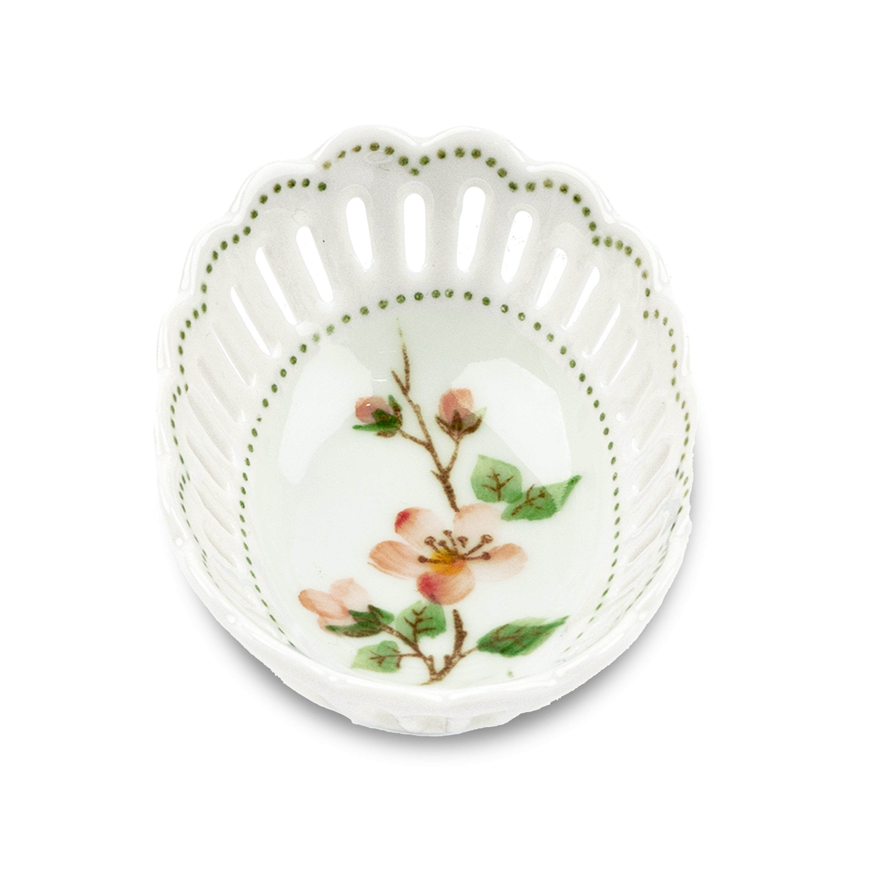Idée Art Exclusive. Oval Porcelain Decorative Plate with Pink Flower Illustration. Extra Small Size