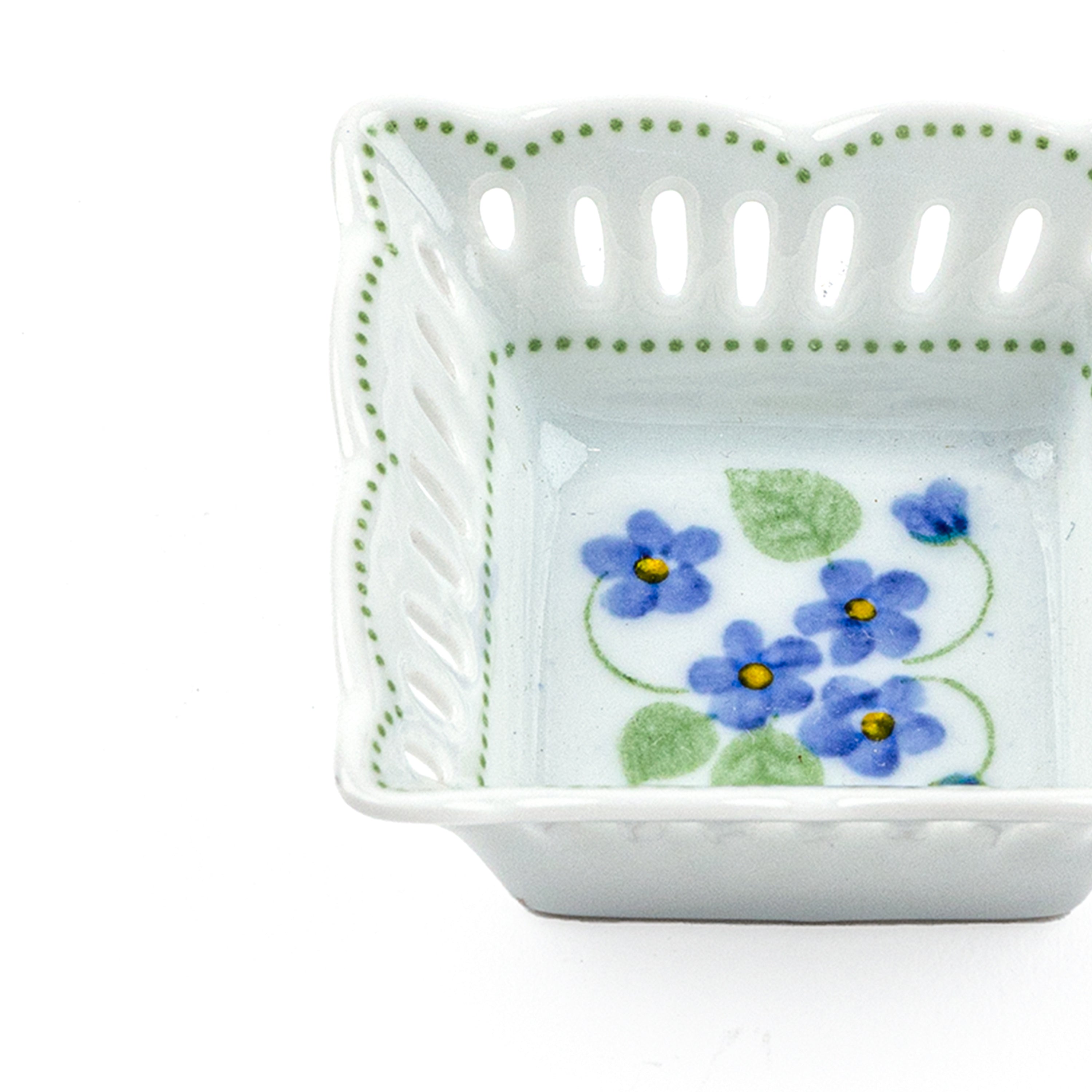 Idée Art Exclusive. Square Porcelain Decorative Plate with Blue Flower Illustration. Extra Small Size