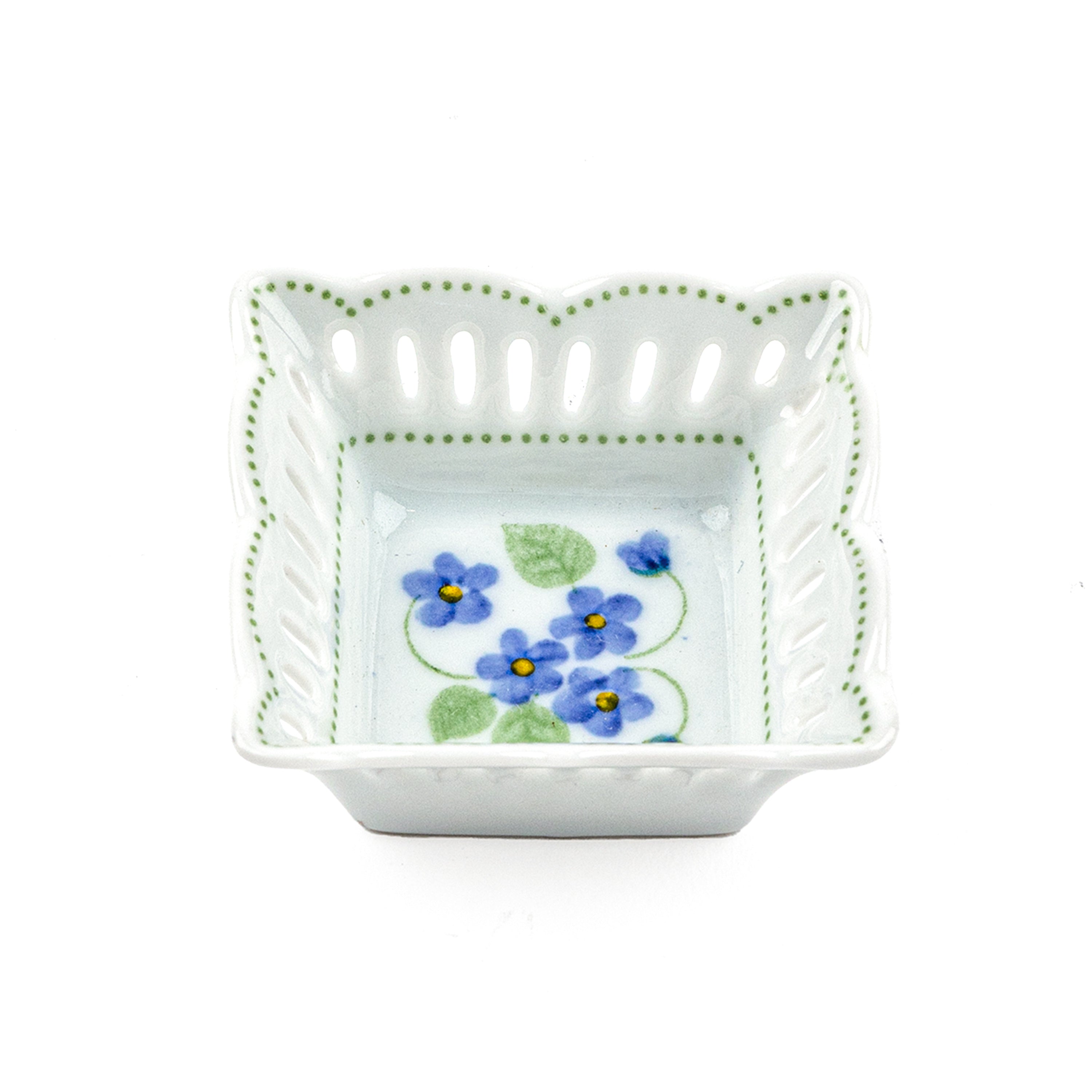 Idée Art Exclusive. Square Porcelain Decorative Plate with Blue Flower Illustration. Extra Small Size