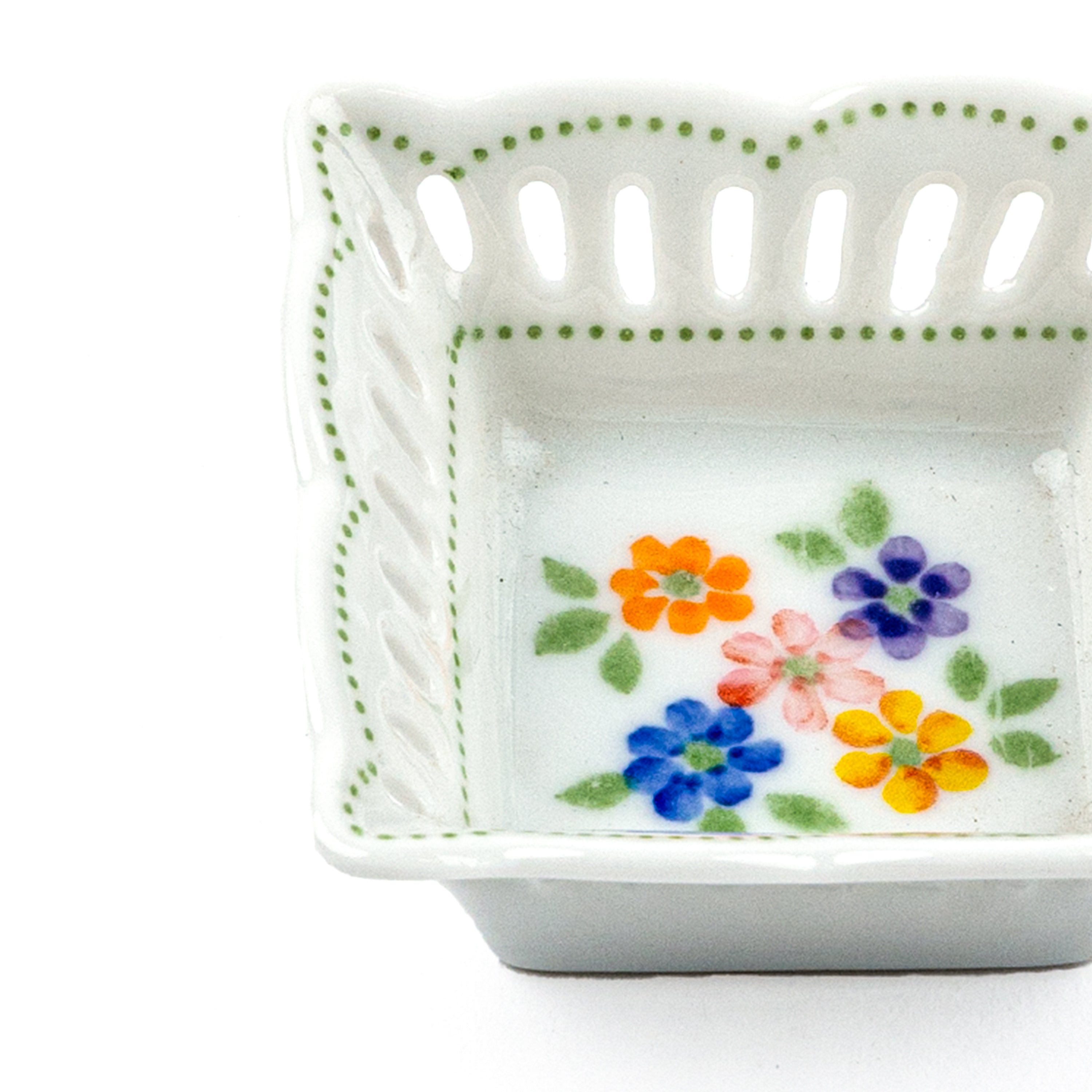 Idée Art Exclusive. Square Porcelain Decorative Plate with Flowers Illustration. Extra Small Size