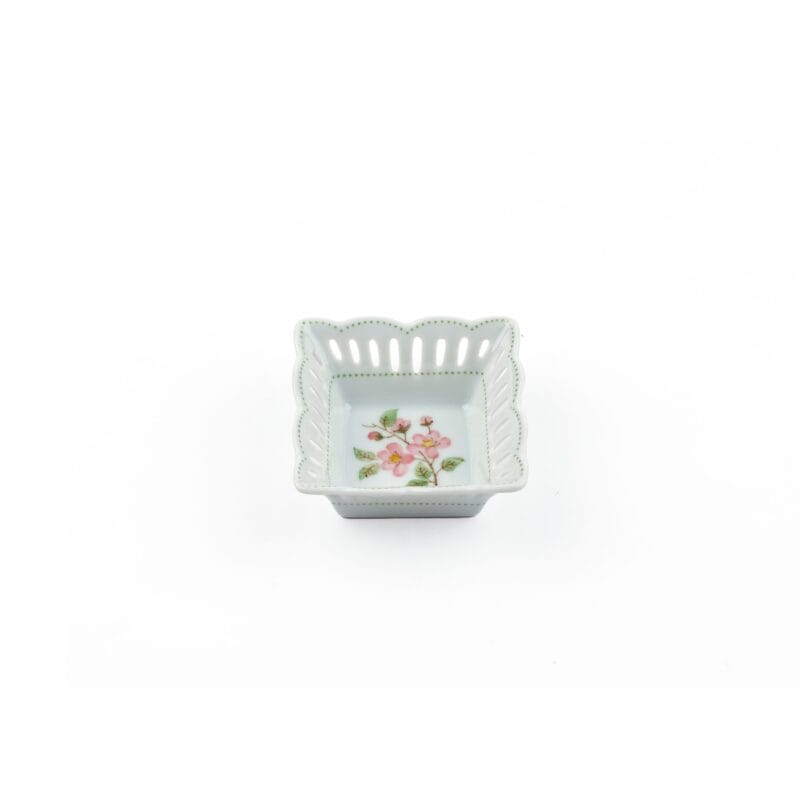 Idée Art Exclusive. Square Porcelain Decorative Plate with Pink Flower Illustration. Small Size