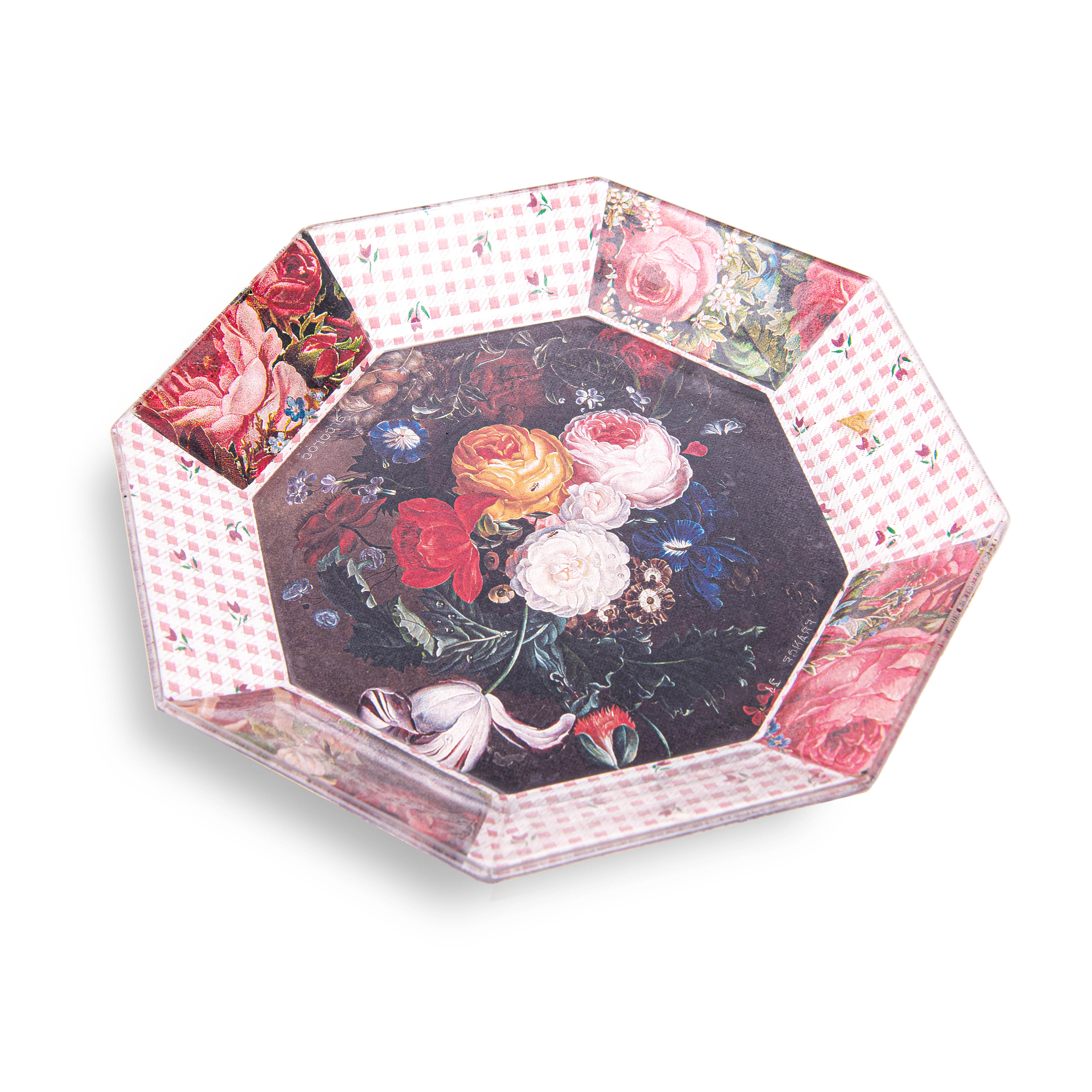 Idée Art Exclusive. Glass Decorative Plate with Floral Illustration. Medium Size