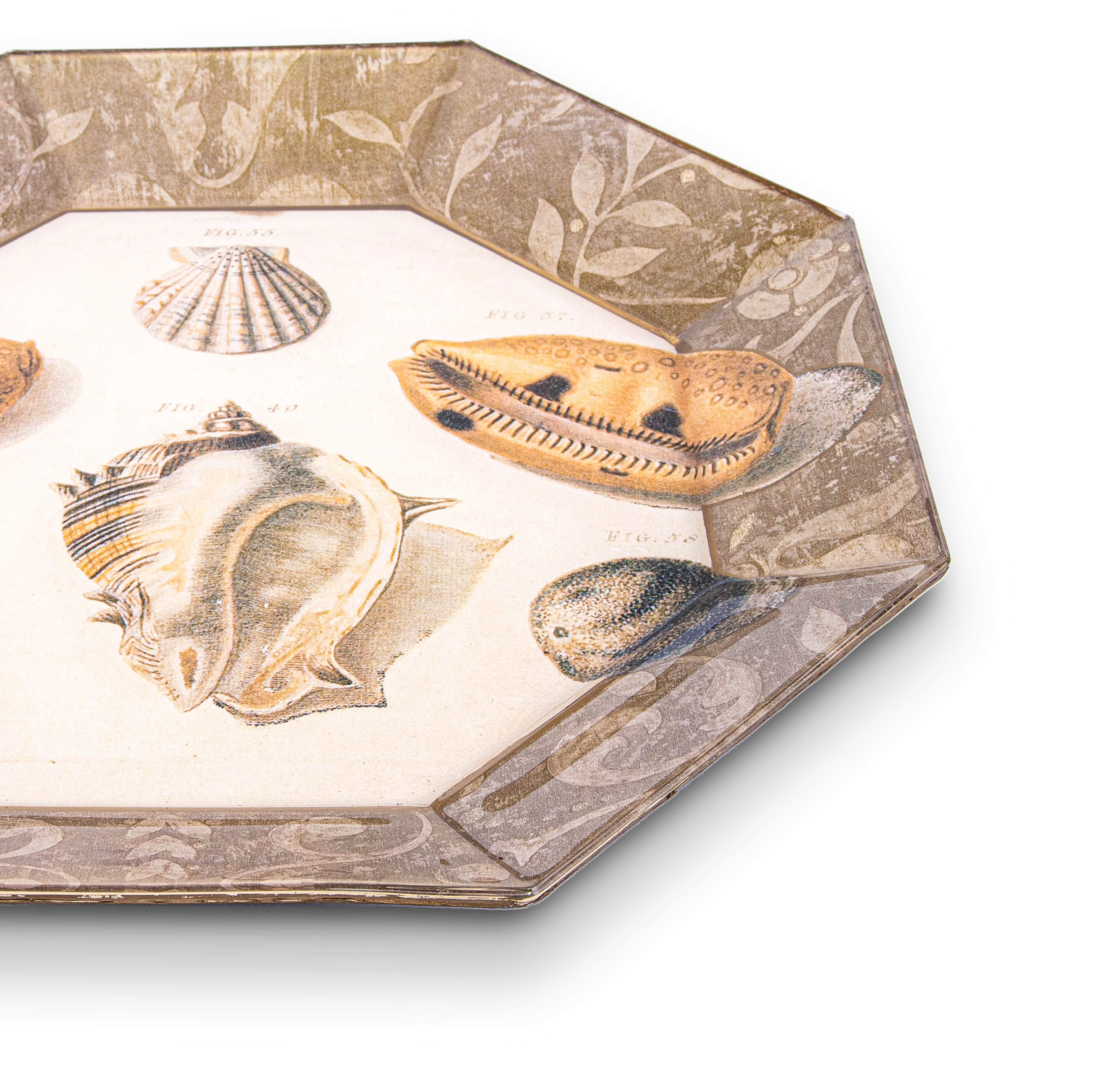 Idée Art Exclusive. Glass Decorative Plate with Seashell Illustration. Medium Size