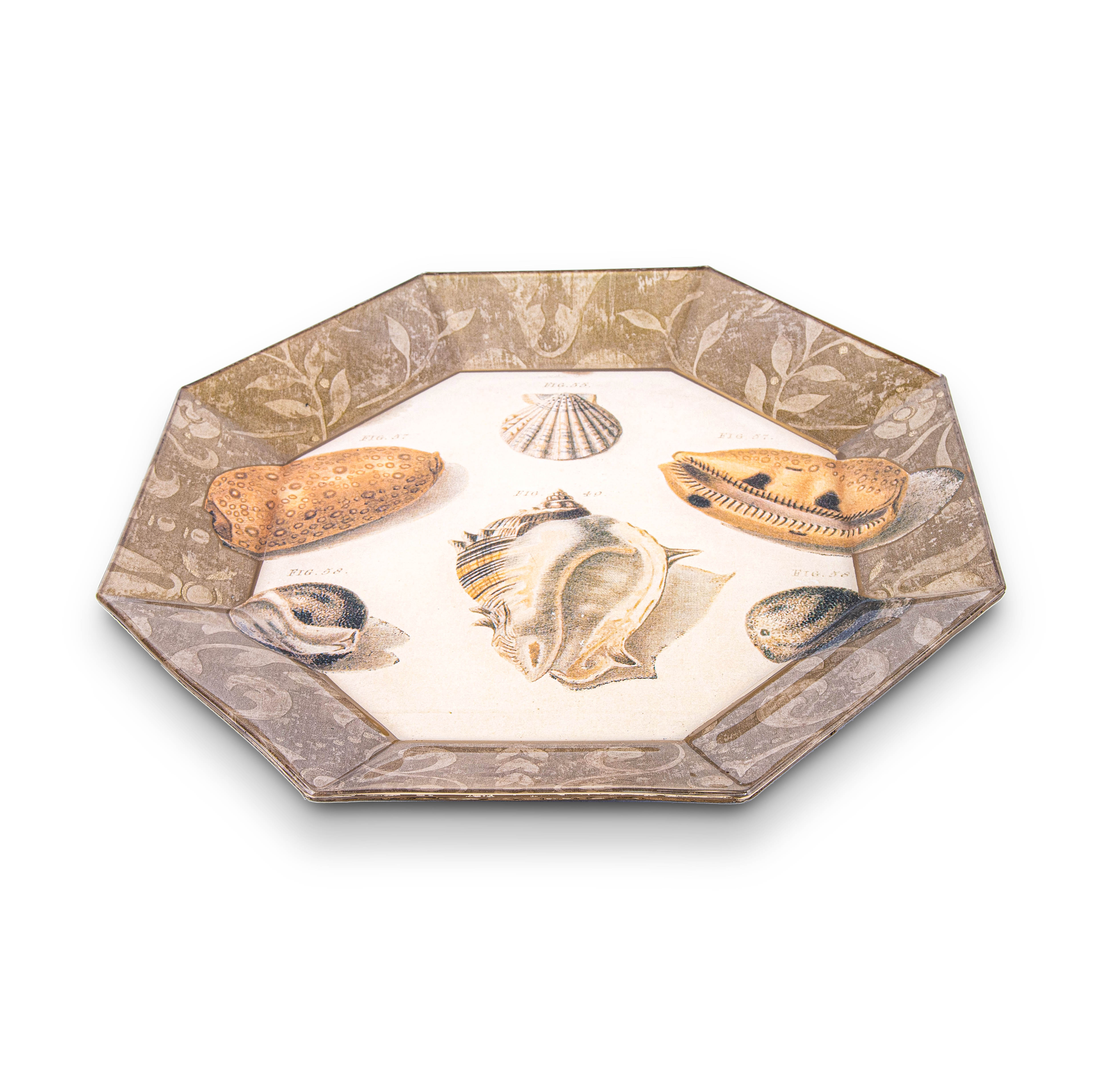 Idée Art Exclusive. Glass Decorative Plate with Seashell Illustration. Medium Size