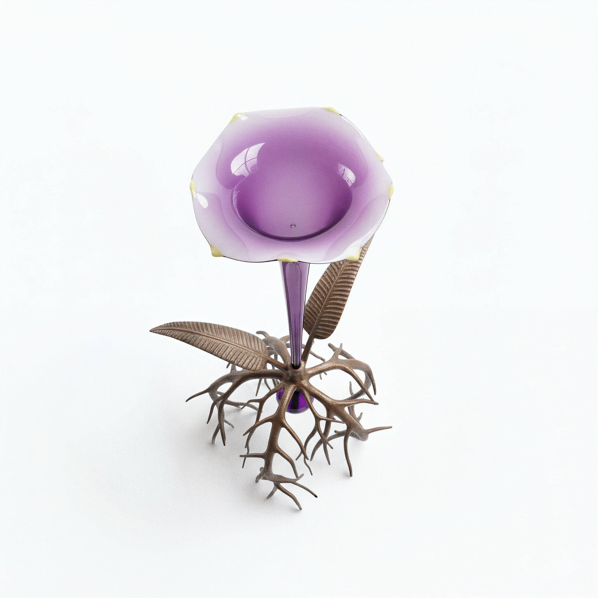 Idée Art Exclusive. Murano Glass Vase with Bronze Base in The Shape of a Flower with Roots. Large Size