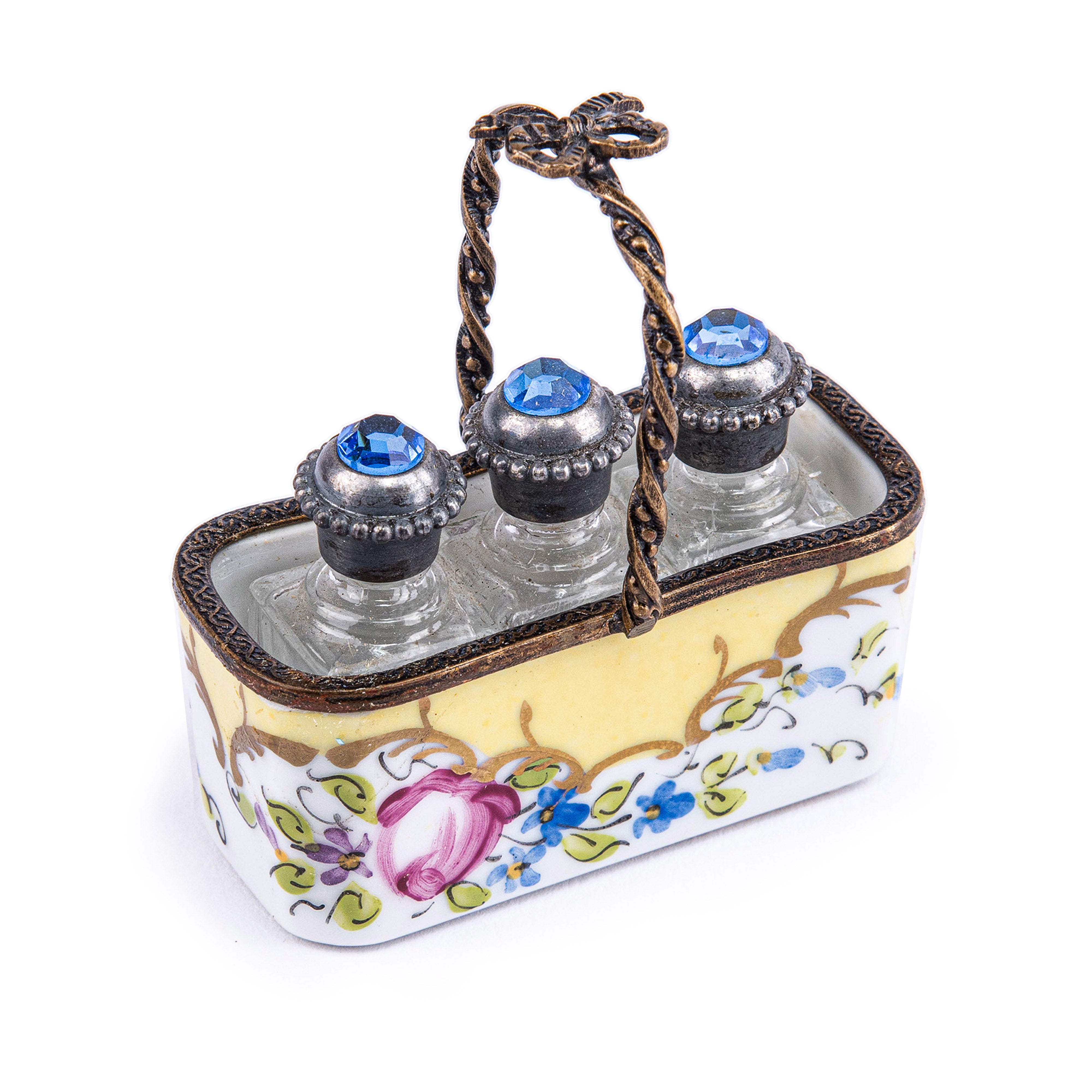 Idée Art Exclusive. Set of 3 Perfume Bottles in Yellow Ceramic Basket. 3 ML