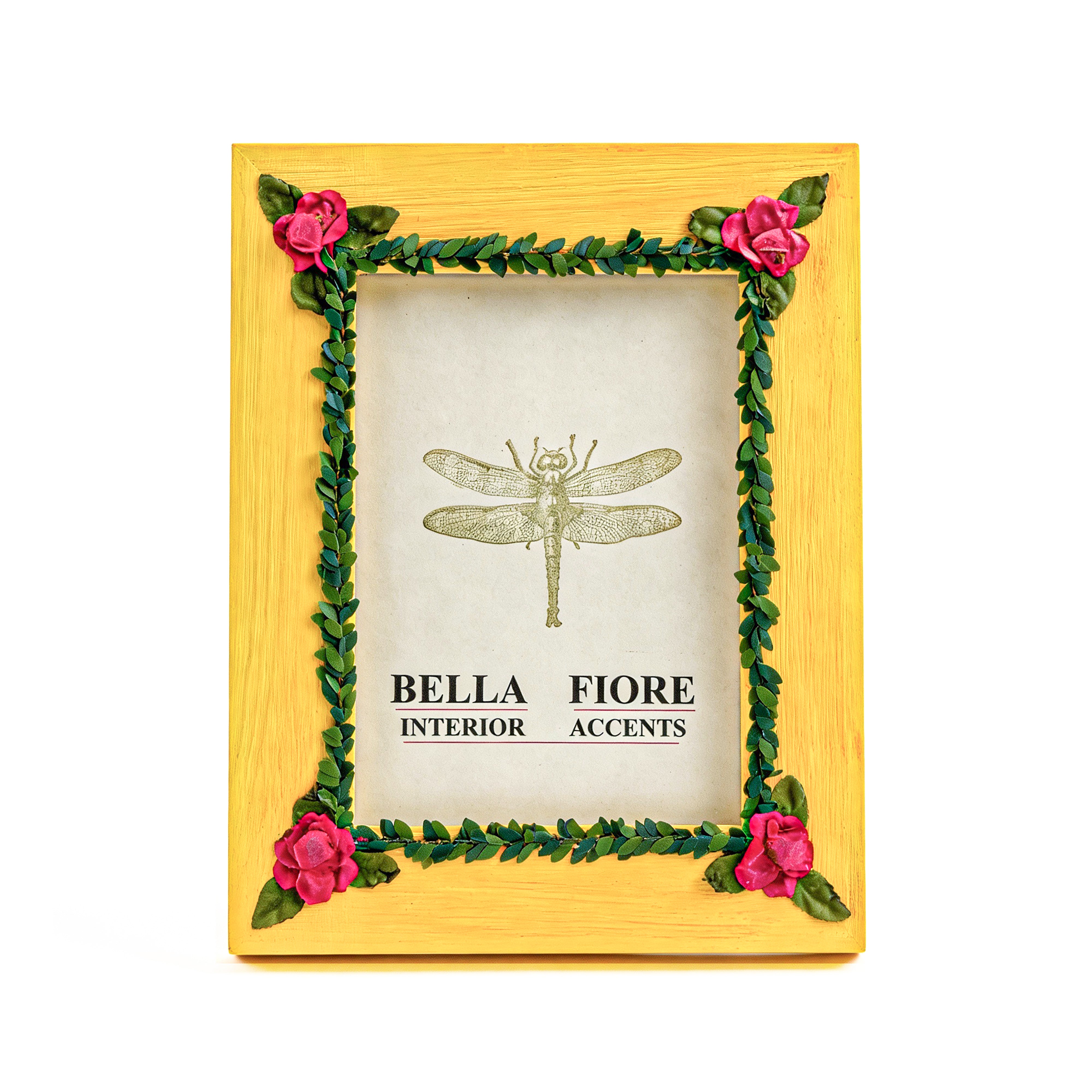 Idée Art Exclusive. Yellow Wooden Picture Frame with Flowers. Medium Size