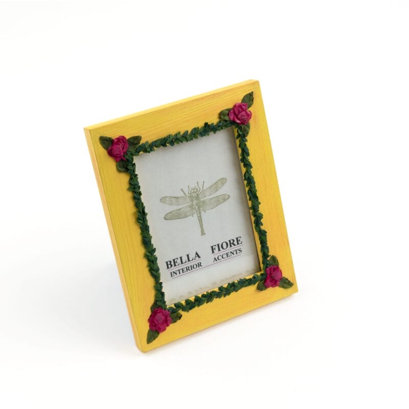 Idée Art Exclusive. Yellow Wooden Picture Frame with Flowers. Medium Size