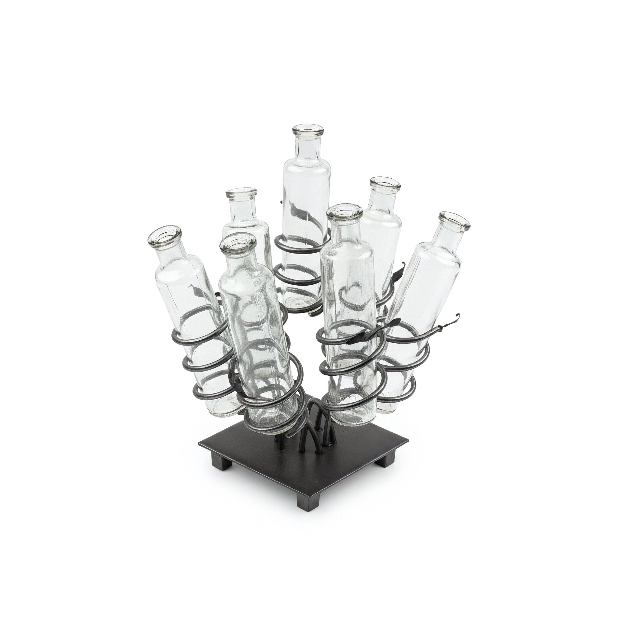 Idée Art Exclusive. A Set of 8 Glass Bottles With Metal Stand. Large Size