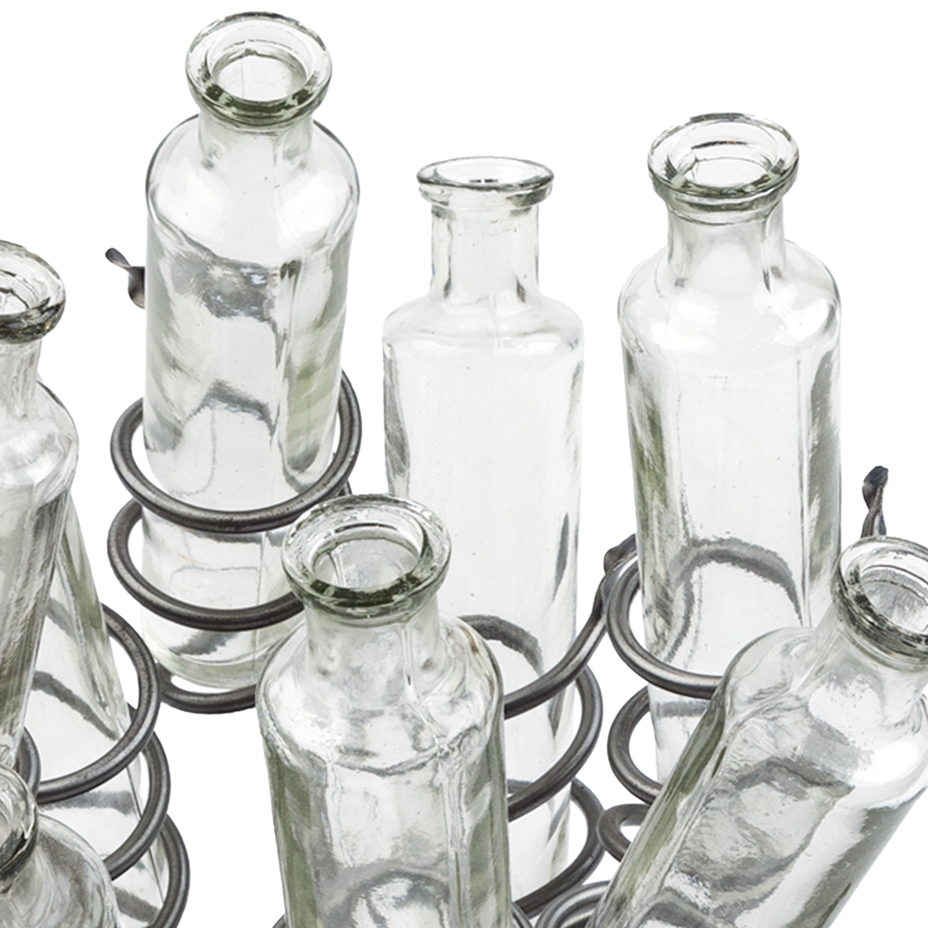 Idée Art Exclusive. A Set of 8 Glass Bottles With Metal Stand. Large Size