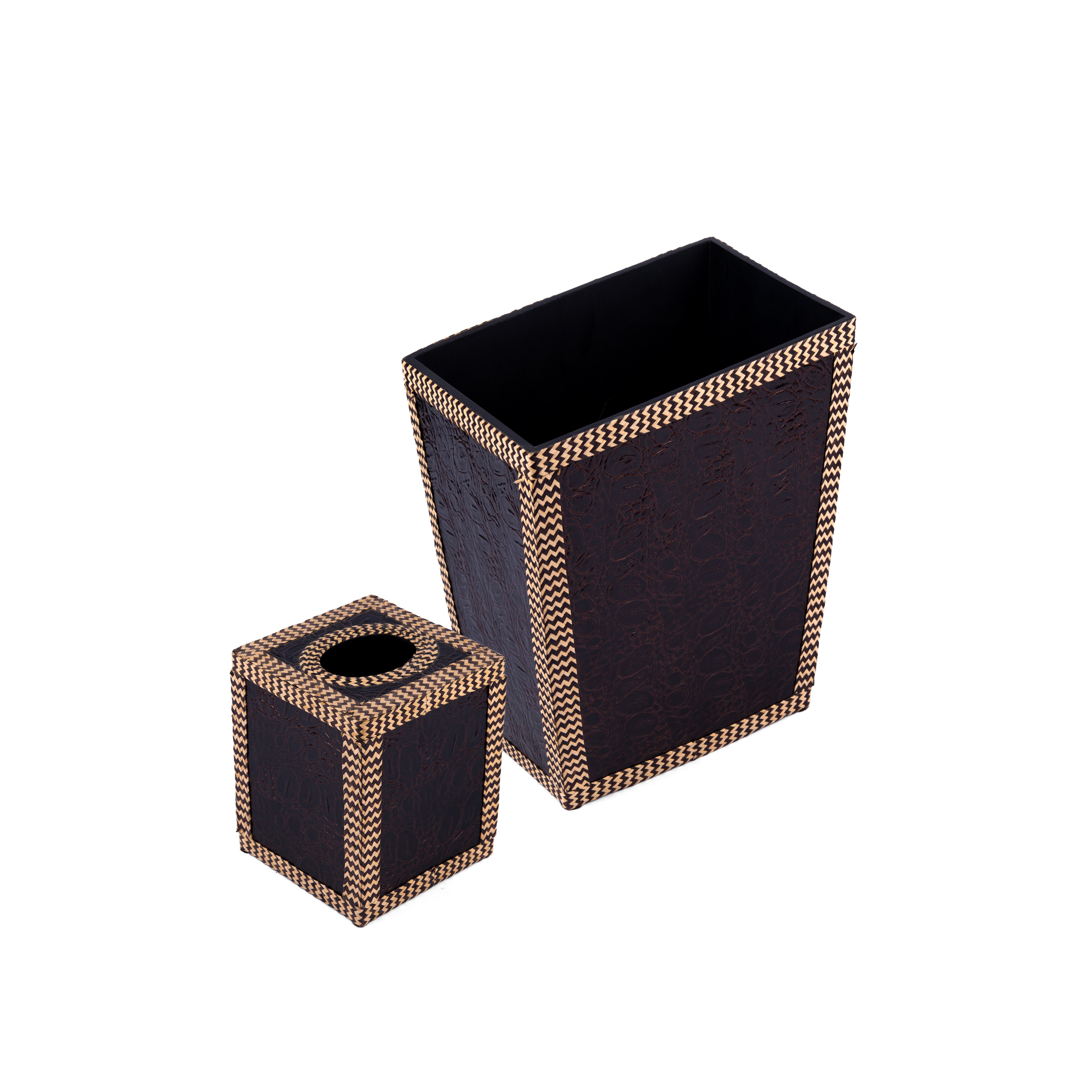 Idée Art Exclusive Collection. A Set of Brown Leather Tissue Box & Wastebasket.