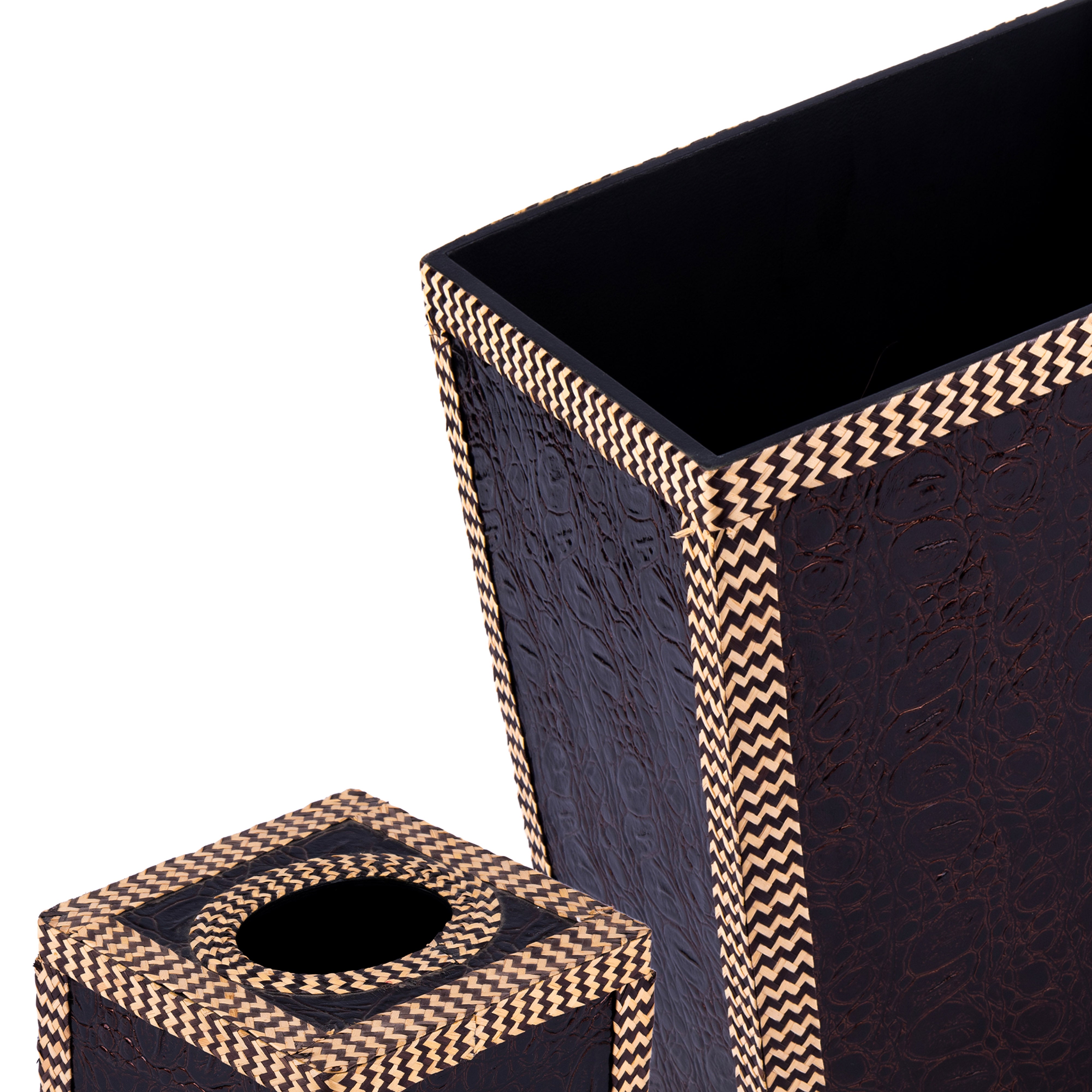 Idée Art Exclusive Collection. A Set of Brown Leather Tissue Box & Wastebasket.