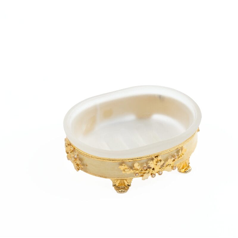 Mike + Ally. Soap Dish. Available in Small Size and in Three Colours (Beige, Amber and Green), featuring a frosted crystal top and a base crafted from high-end metal and enamel.