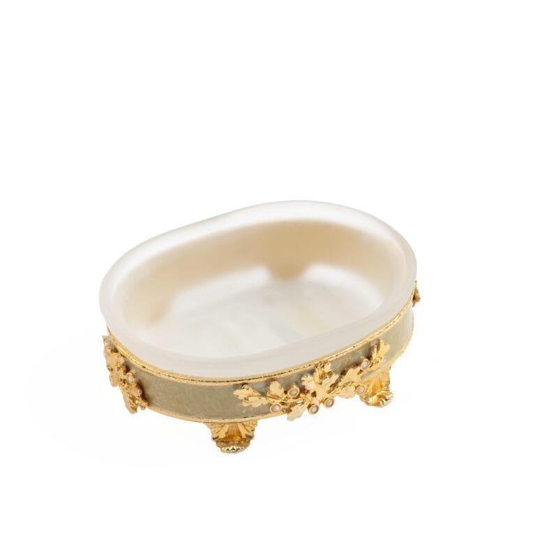 Mike + Ally. Soap Dish. Available in Small Size and in Three Colours (Beige, Amber and Green), featuring a frosted crystal top and a base crafted from high-end metal and enamel.