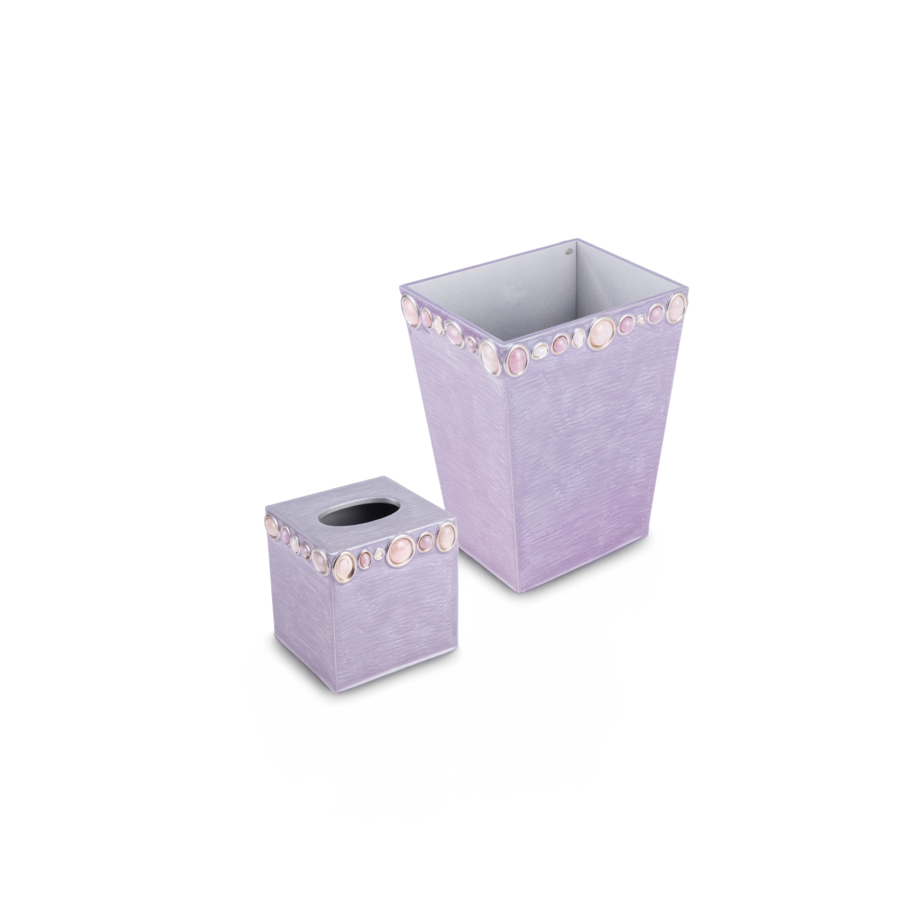 Mike + Ally. A Set of Purple Wastebasket & Tissue Box with Stones