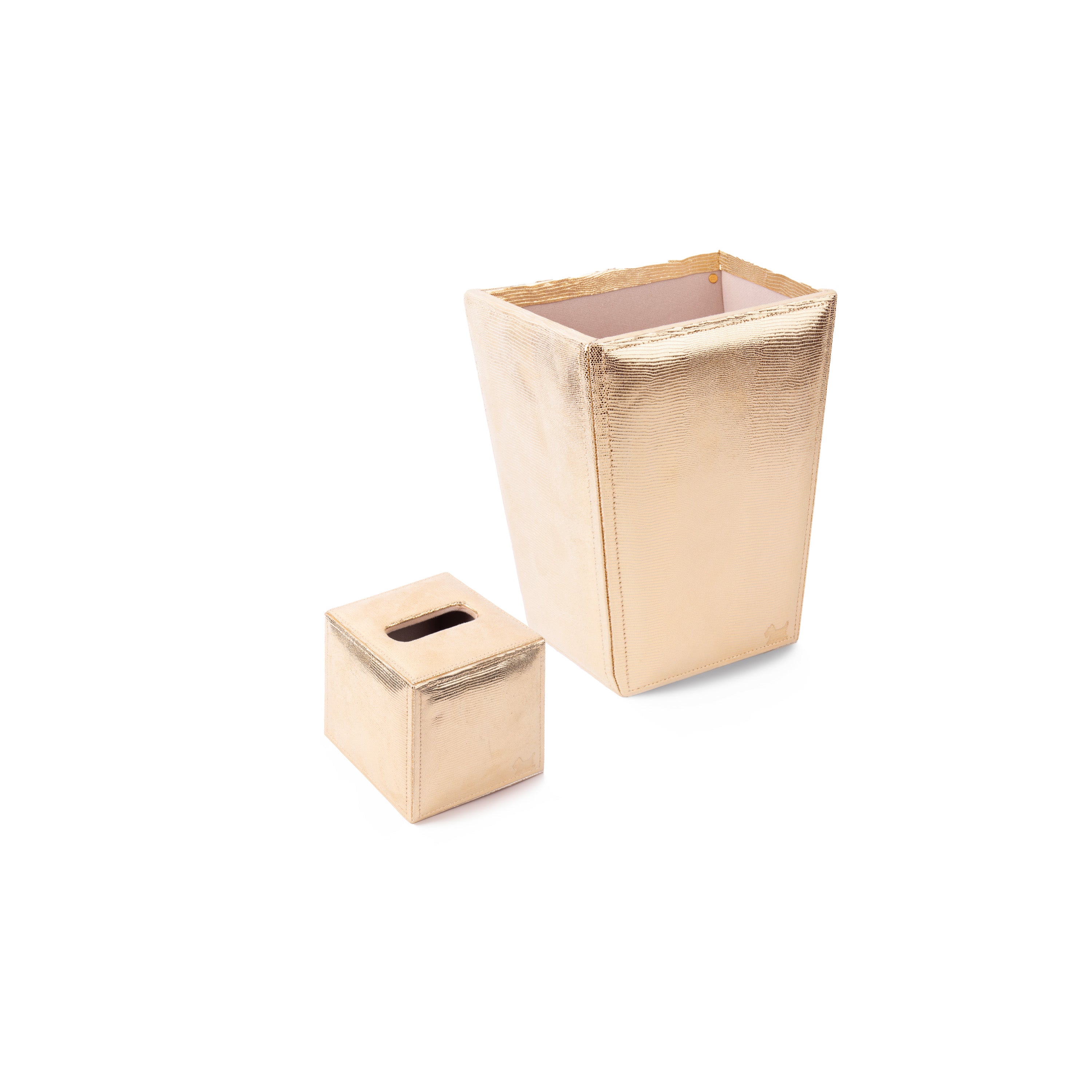 Mike + Ally. A set of Gold Leather Wastebasket & Tissue Box