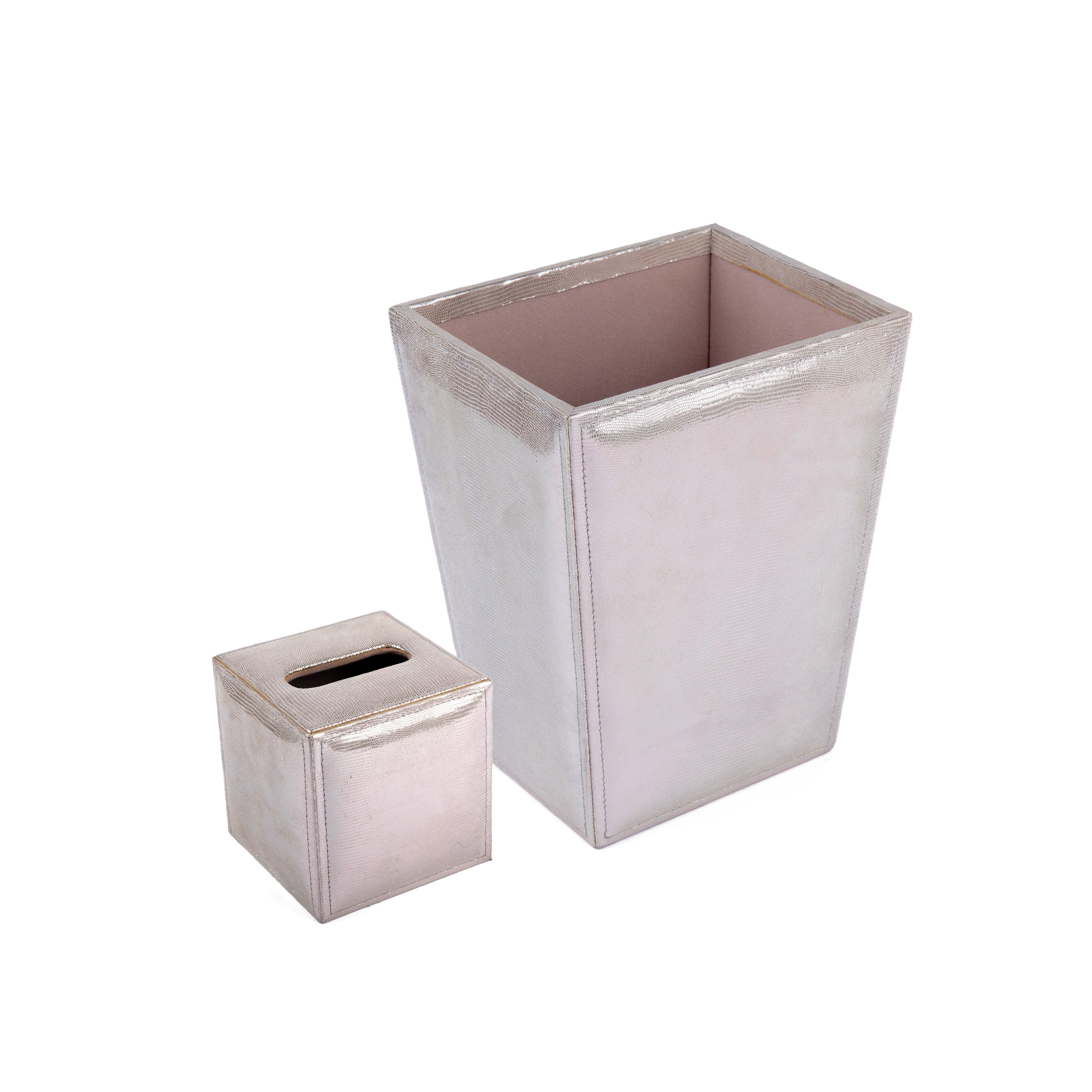 Mike + Ally. A set of Silver Leather Wastebasket & Tissue Box