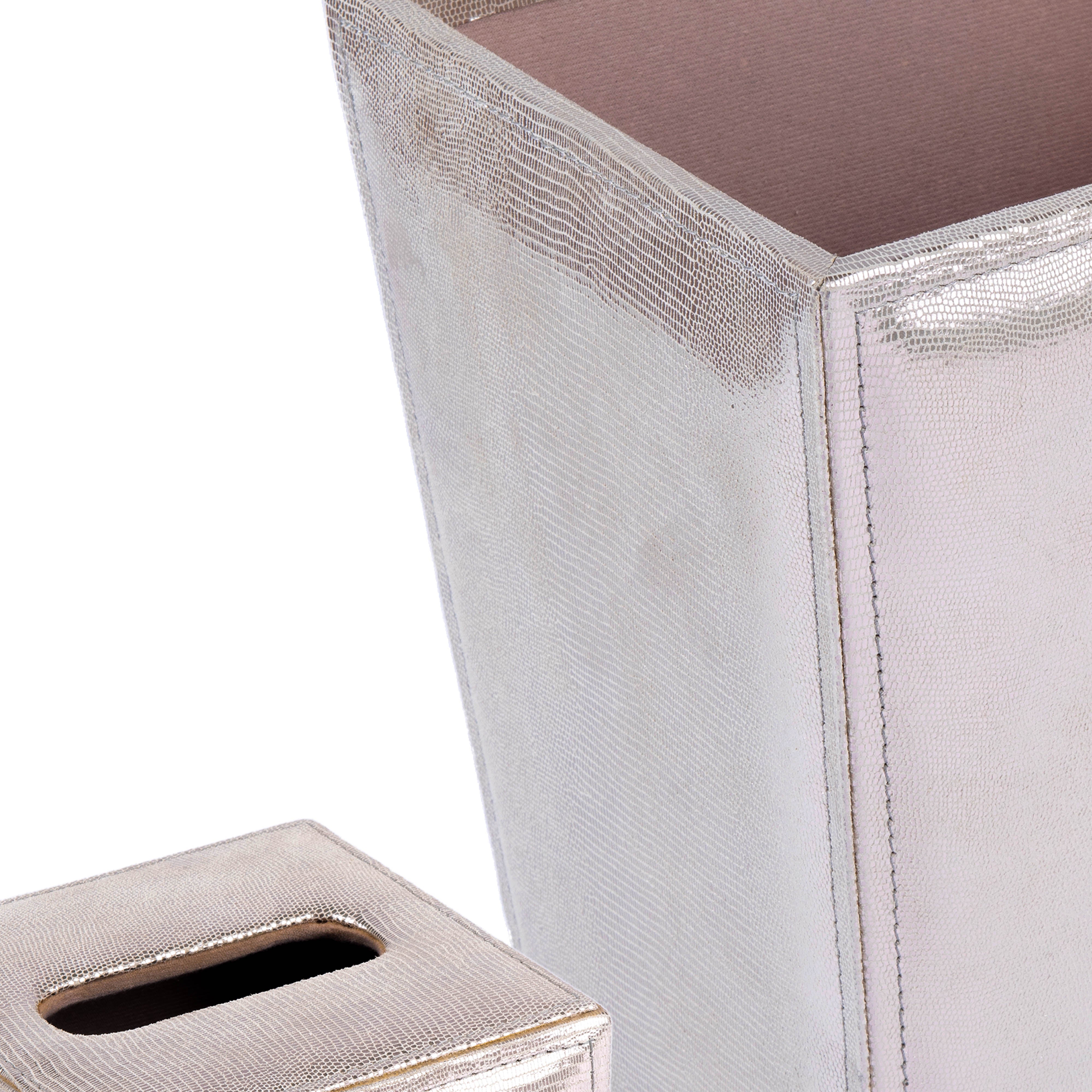 Mike + Ally. A set of Silver Leather Wastebasket & Tissue Box