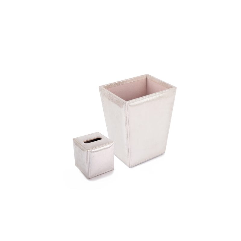 Mike + Ally. A set of Silver Leather Wastebasket & Tissue Box