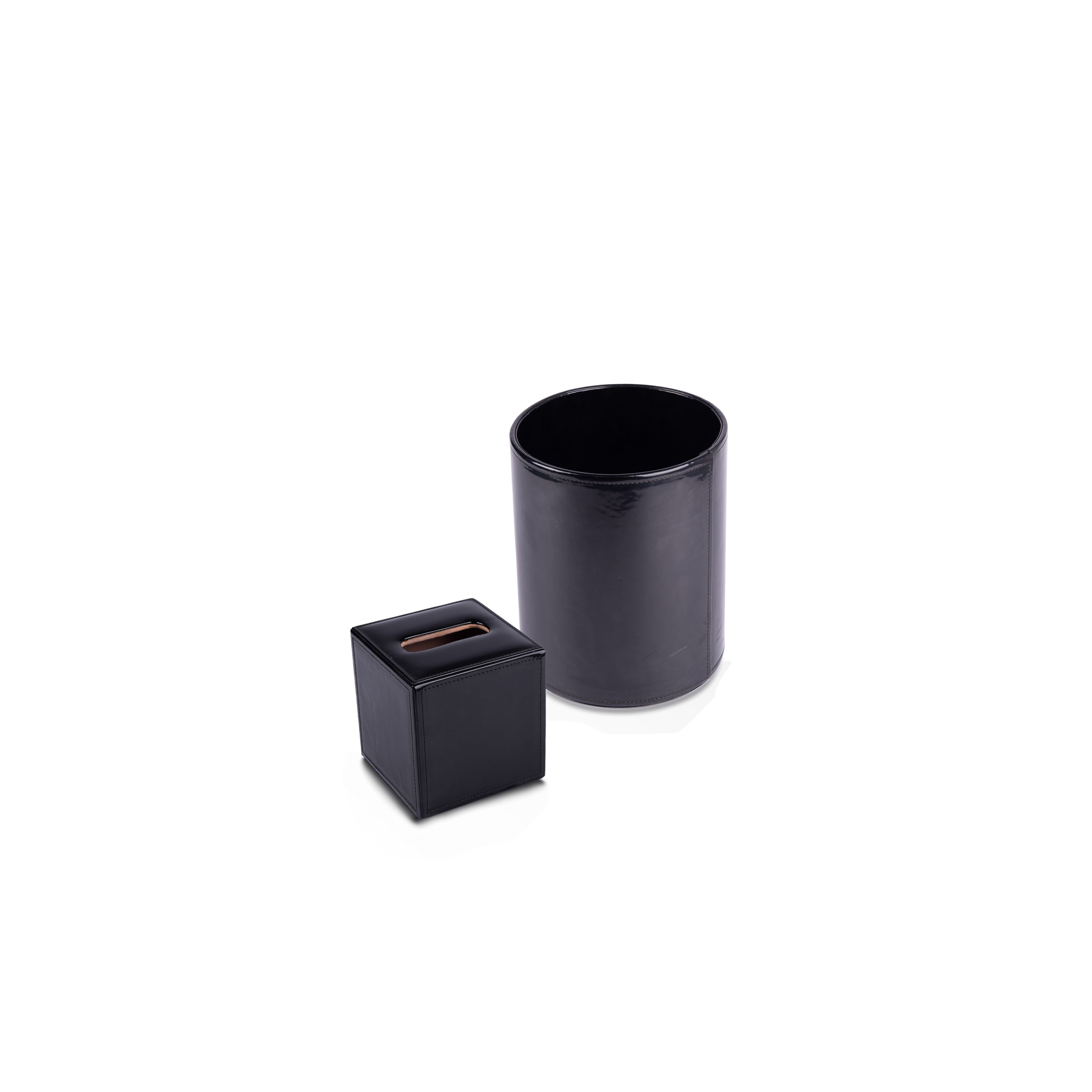 Mike + Ally. A set of Black Leather Wastebasket & Tissue Box