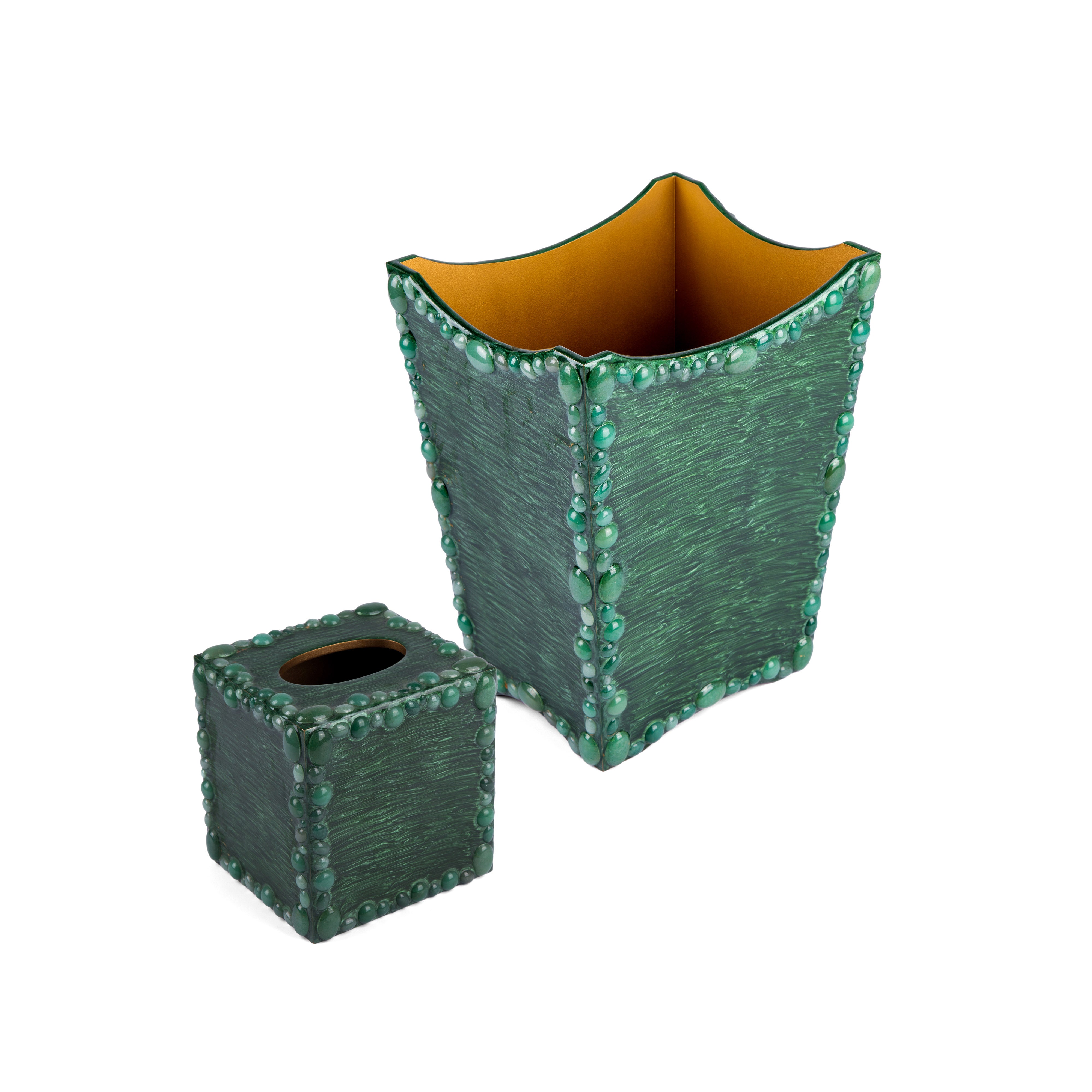 Mike + Ally. A Set of Green Wastebasket & Tissue Box with Stones