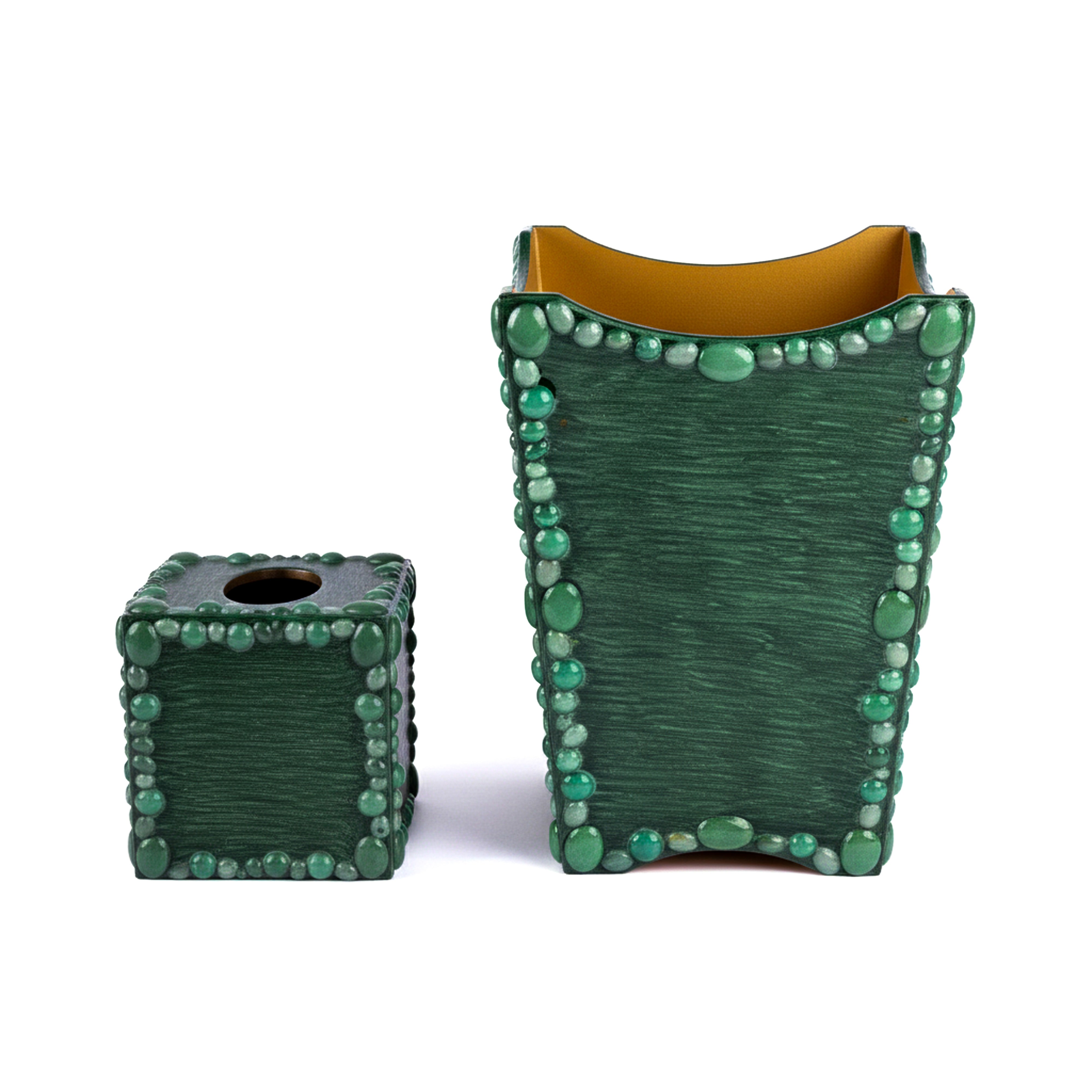 Mike + Ally. A Set of Green Wastebasket & Tissue Box with Stones