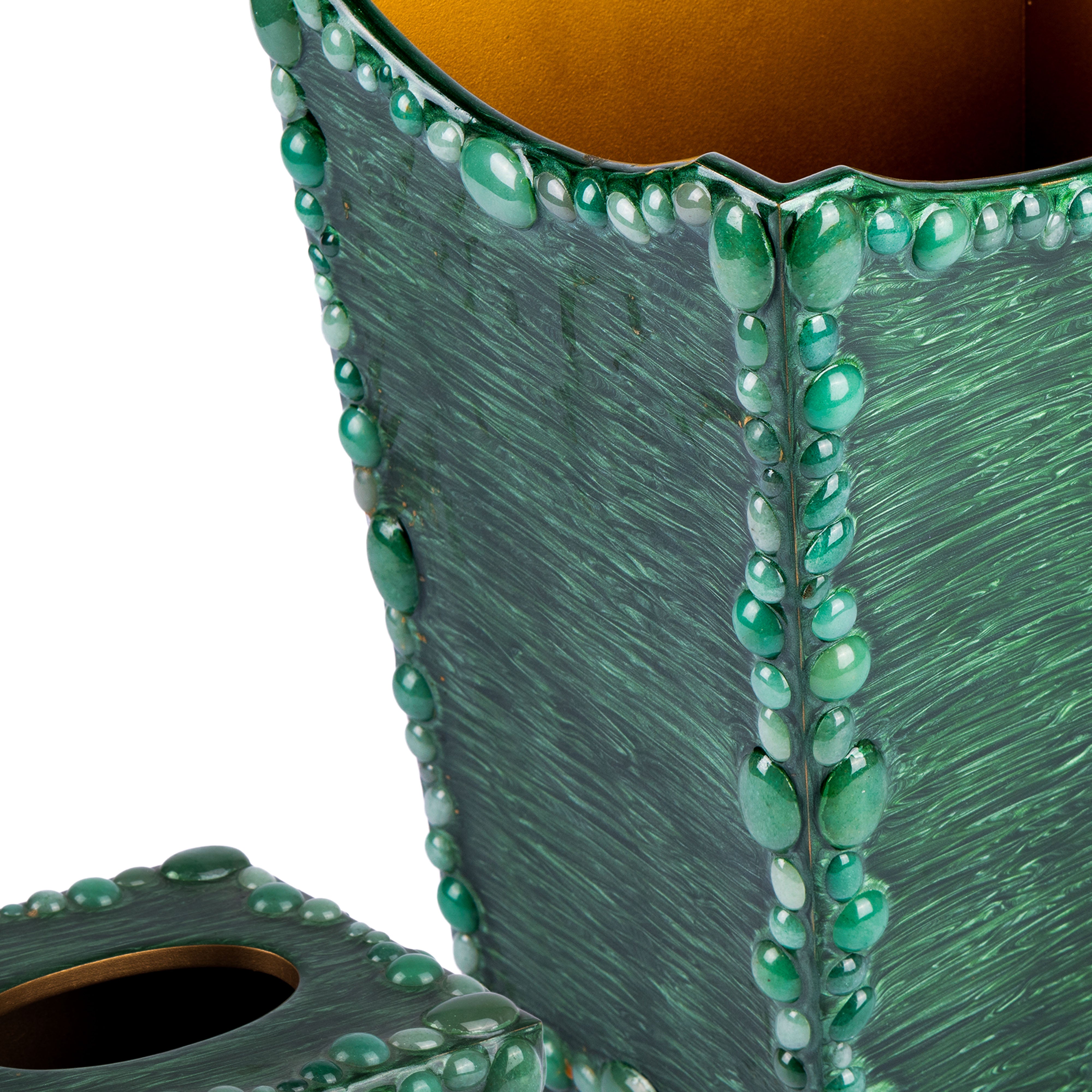 Mike + Ally. A Set of Green Wastebasket & Tissue Box with Stones