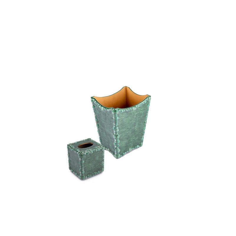 Mike + Ally. A Set of Green Wastebasket & Tissue Box with Stones
