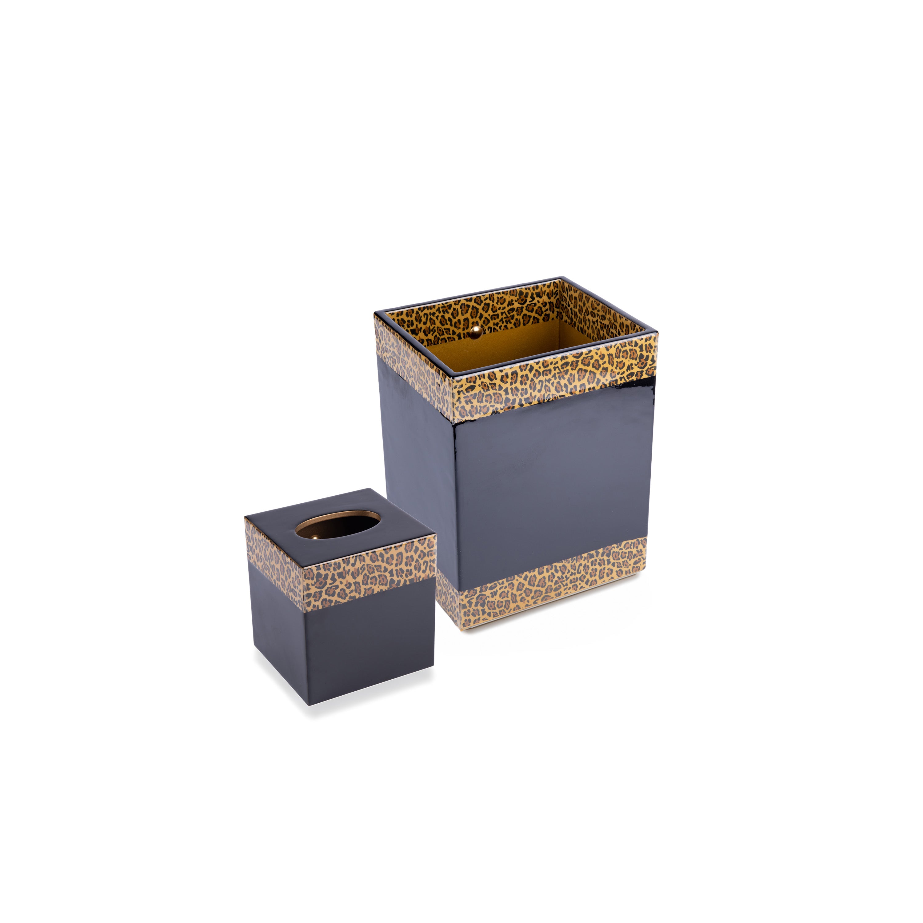 Mike + Ally. A Set of Wastebasket & Tissue Box in Leopard pattern