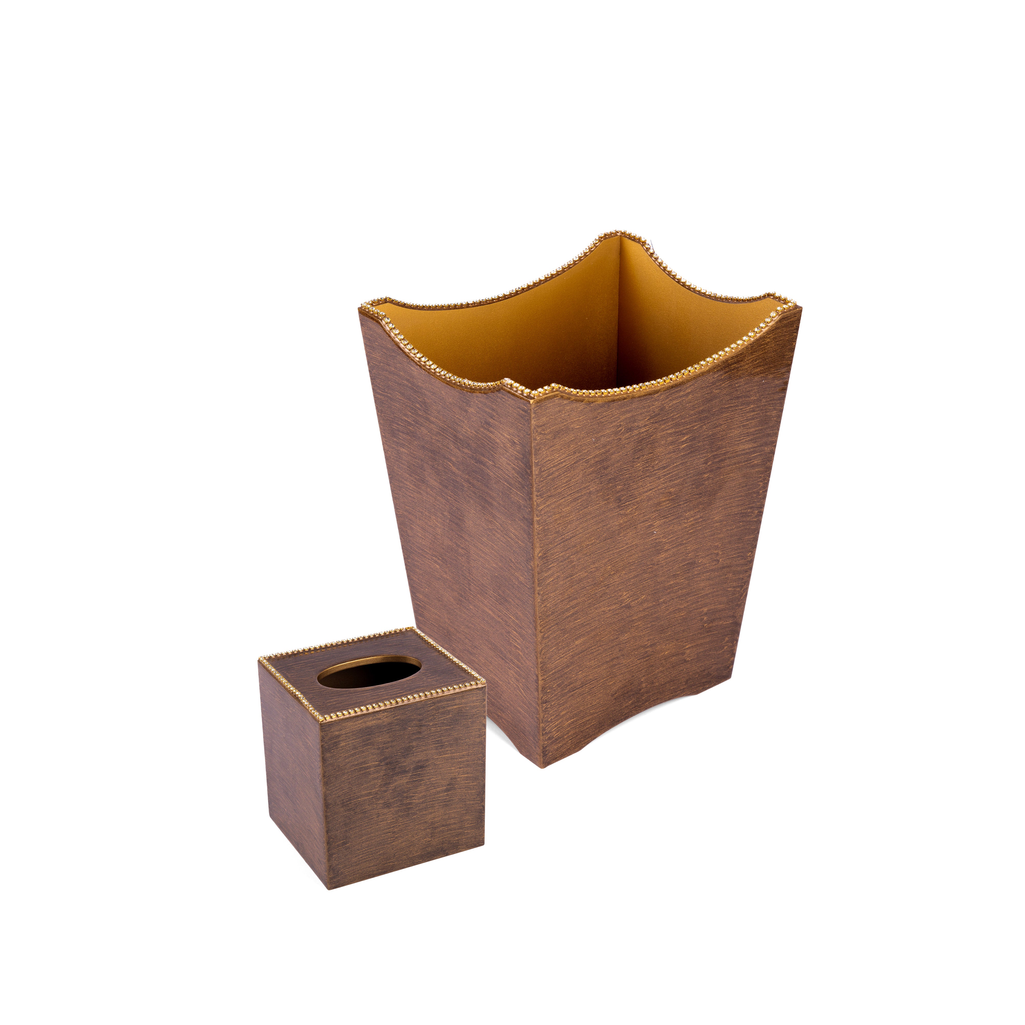 Mike + Ally. A Set of Brown Wastebasket & Tissue Box Studded With Crystals