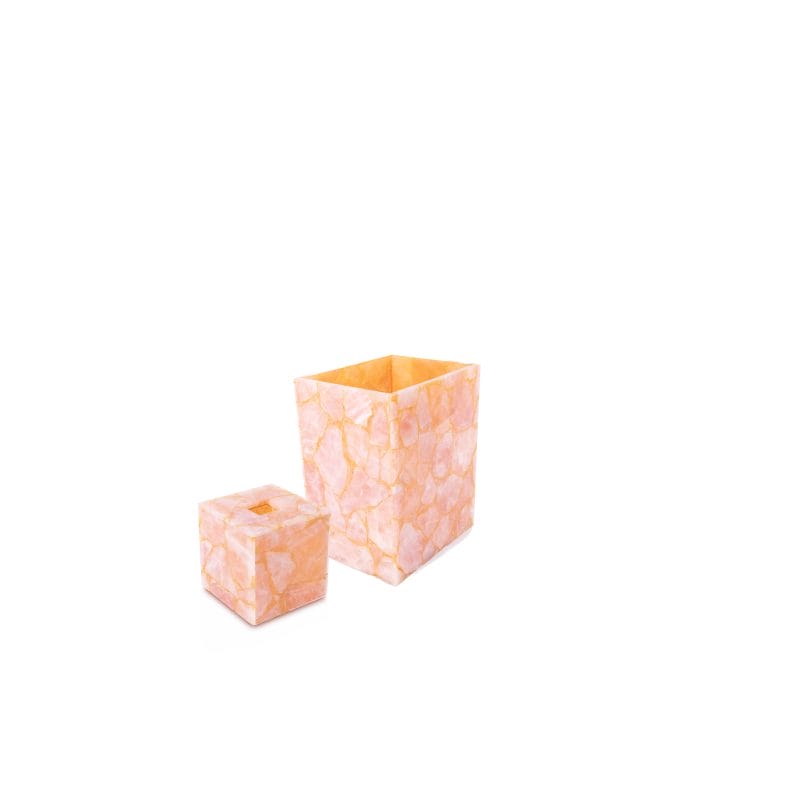 Mike + Ally. A Set of Peach Quartz Wastebasket & Tissue Box