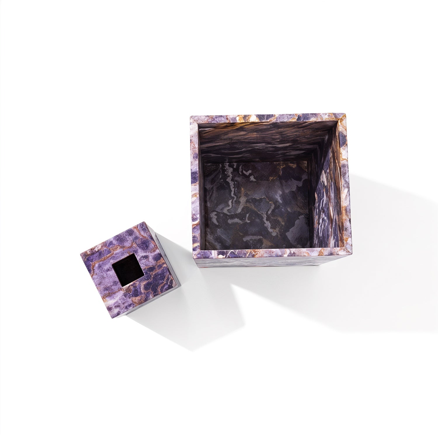 Mike + Ally. A Set of Purple Quartz Wastebasket & Tissue Box