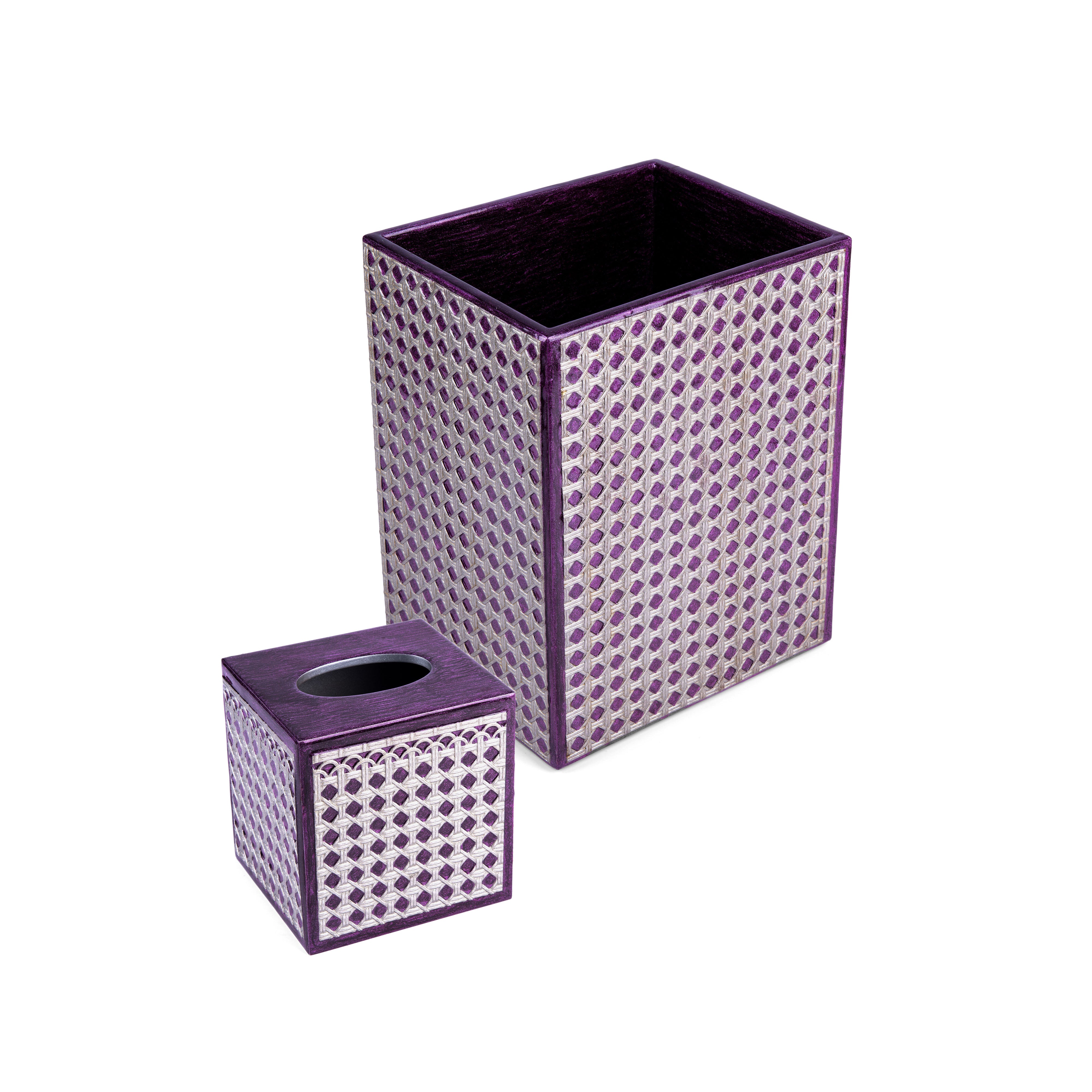 Mike + Ally. A Set of Purple Wastebasket & Tissue Box in Rattan Pattern