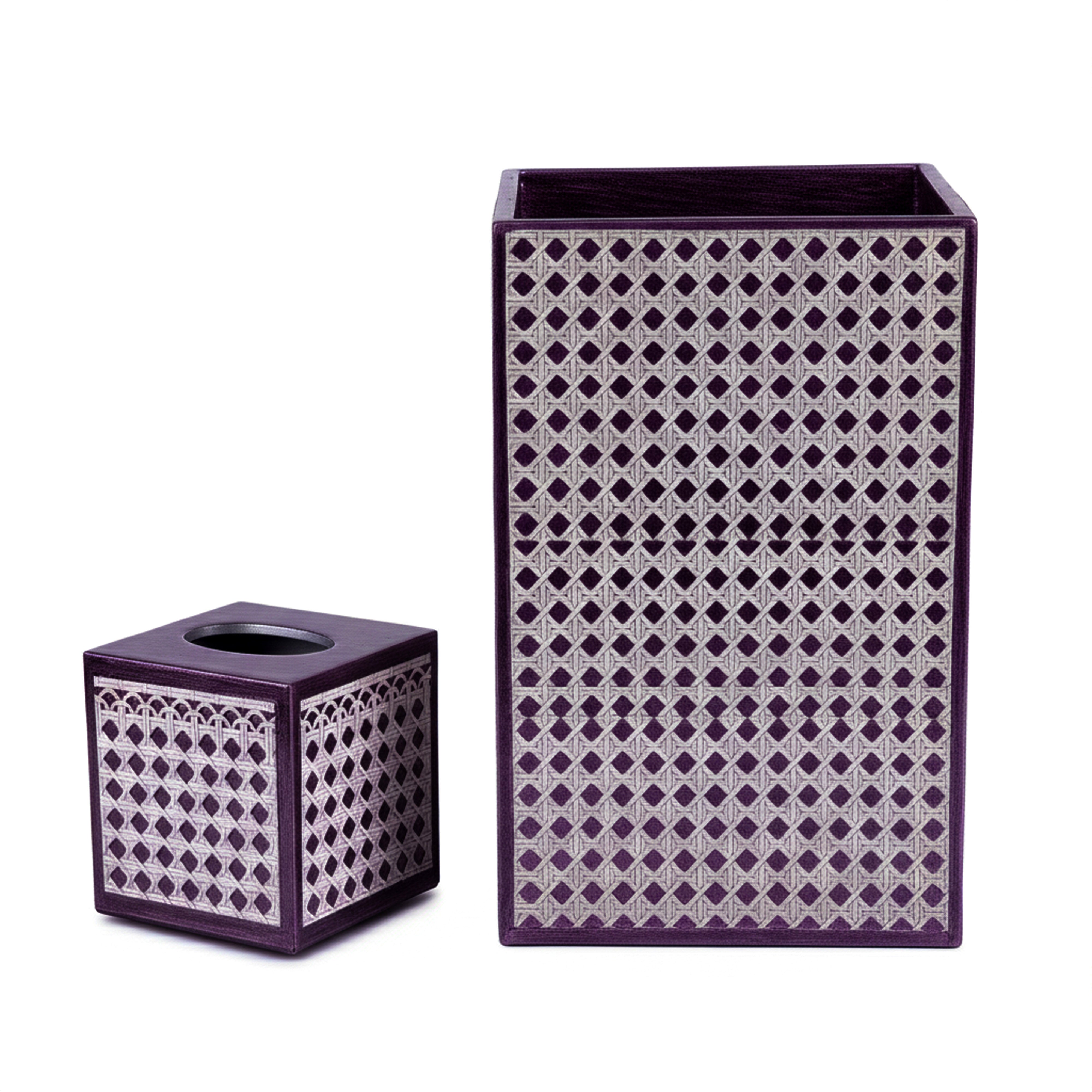 Mike + Ally. A Set of Purple Wastebasket & Tissue Box in Rattan Pattern